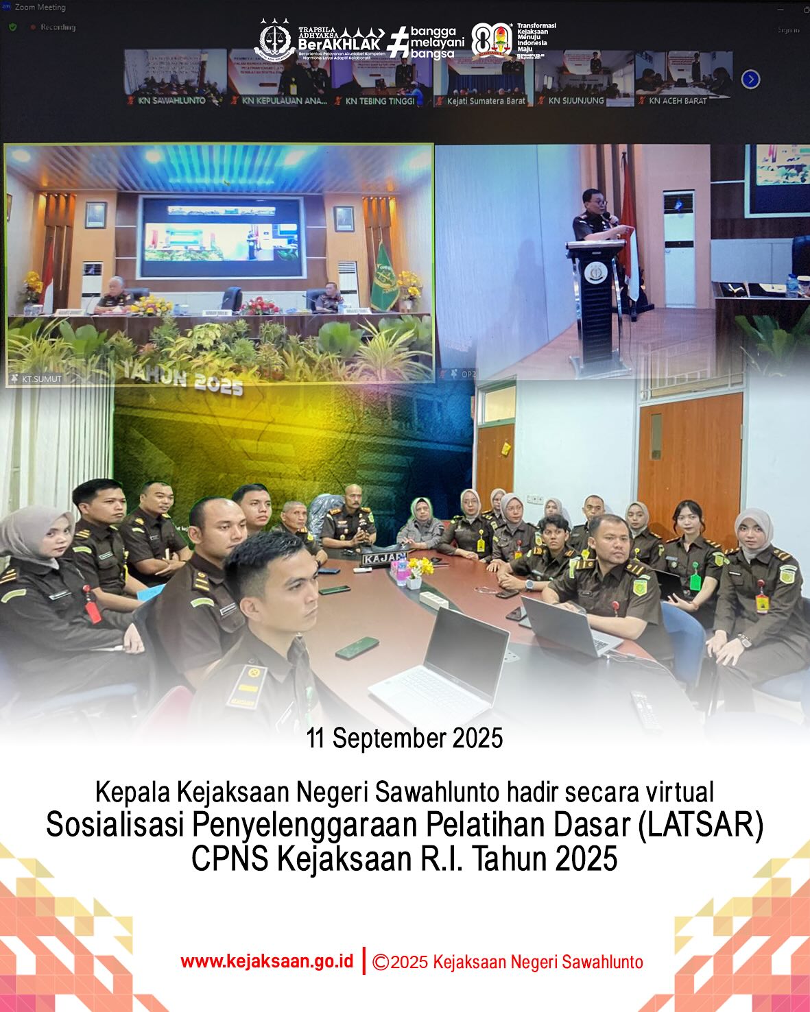 Bahwa pada hari Kamis, 11 September 2025, pukul 13.00 WIB, bertempat di ruang video conference Kantor Kejaksaan Negeri Sawahlunto, Kepala Kejaksaan Negeri Sawahlunto, Bapak Eddy Samrah L, S.H., M. H., dan Kasubbag Pembinaan, Ibu Elnita, S.H., beserta Calon Pegawai Negeri Sipil (CPNS) Kejaksaan Negeri Sawahlunto, mengikuti kegiatan Sosialisasi Penyelenggaraan Pelatihan Dasar (LATSAR) CPNS Kejaksaan R.I. Tahun 2025 secara daring.Dalam kegiatan ini disosialiasikan jadwal pelaksanaan, metode penyelenggaraan, agenda, tata tertib, hingga tahapan cocahing Pelatihan Dasar CPNS Kejaksaan R.I. Tahun 2025. Pelatihan Dasar Calon Pegawai Negeri Sipil merupakan program pelatihan wajib bagi CPNS sebelum diangkat menjadi PNS. Program ini bertujuan untuk membentuk CPNS menjadi ASN yang profesional, berintegritas, dan memahami tugas mereka dalam melayani masyarakat. Latsar CPNS meliputi berbagai kegiatan, termasuk pembelajaran teori, diskusi kelompok, simulasi, dan praktik lapangan. Peserta akan mempelajari nilai-nilai dasar ASN, kebijakan pemerintah, serta pelatihan bela negara. Pelatihan ini biasanya dilakukan di berbagai lokasi sesuai dengan instansi tempat CPNS bekerja, dan dapat dilakukan secara tatap muka atau daring. - from Instagram