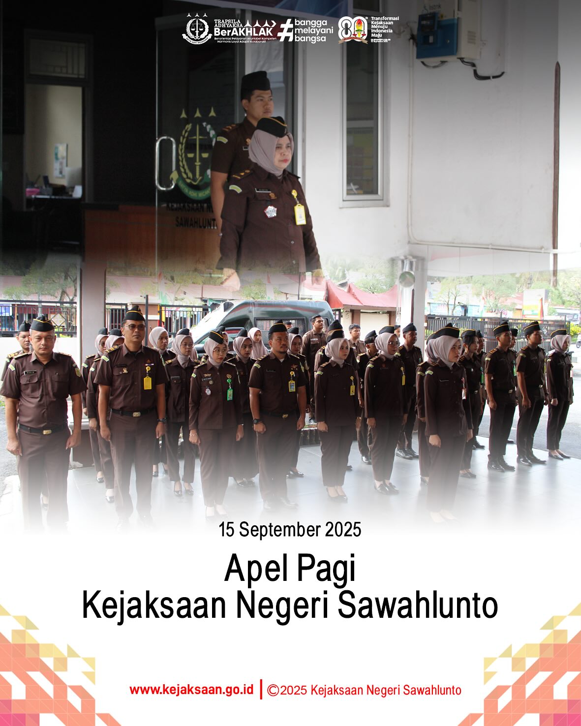 Bahwa pada hari Senin, 15 September 2025, bertempat di Halaman Kantor Kejaksaan Negeri Sawahlunto, telah di laksanakan Apel Pagi yang dipimpin oleh Kepala Subbagian Pembinaan, Ibu Elnita, S. H., dan diikuti oleh seluruh Pegawai serta PPNPN Kejaksaan Negeri Sawahlunto.Apel pagi merupakan sarana pembinaan kedispilinan, tanggung jawab serta peningkatan semangat kerja bagi seluruh pegawai Kejaksaan Negeri Sawahlunto.Kejaksaan Negeri Sawahlunto terus berkomitmen untuk memberikan pelayanan hukum yang optimal kepada masyarakat melalui kerja yang berorientasi pada integritas, akuntabilitas, dan kinerja yang berkeadilan. - from Instagram