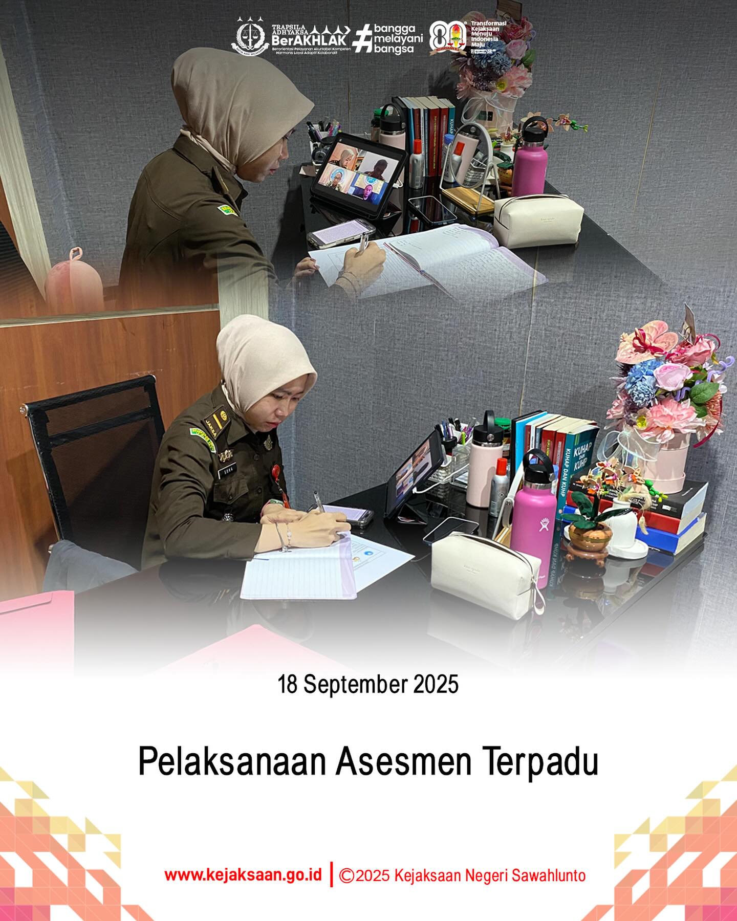 Bahwa pada hari Kamis, 18 September 2025, bertempat di Ruang Kasubsi Penuntutan, Eksekusi dan Eksaminasi Bidang Tindak Pidana Umum, pukul 09.30 WIB, Kasubsi Penuntutan, Eksekusi dan Eksaminasi Bidang Tindak Pidana Umum, Ibu Alfi Soka Hananti, S. H., mengikuti kegiatan Pelaksanaan Asesmen Terpadu.Asesmen merupakan suatu tindakan penilaian untuk mengetahui kondisi residen akibat penyalah gunaan narkoba yang meliputi aspek medis dan aspek sosial. Asesmen dilakukan dengan cara wawancara, observasi, serta pemeriksaan fisik dan psikis residen. Wawancara menggunakan format asesmen yang berlaku/standar yang terdapat dalam PP 25 tahun 2011 tentang wajib lapor dan sesuai dengan format Adiction Severity Index (ASI). - from Instagram