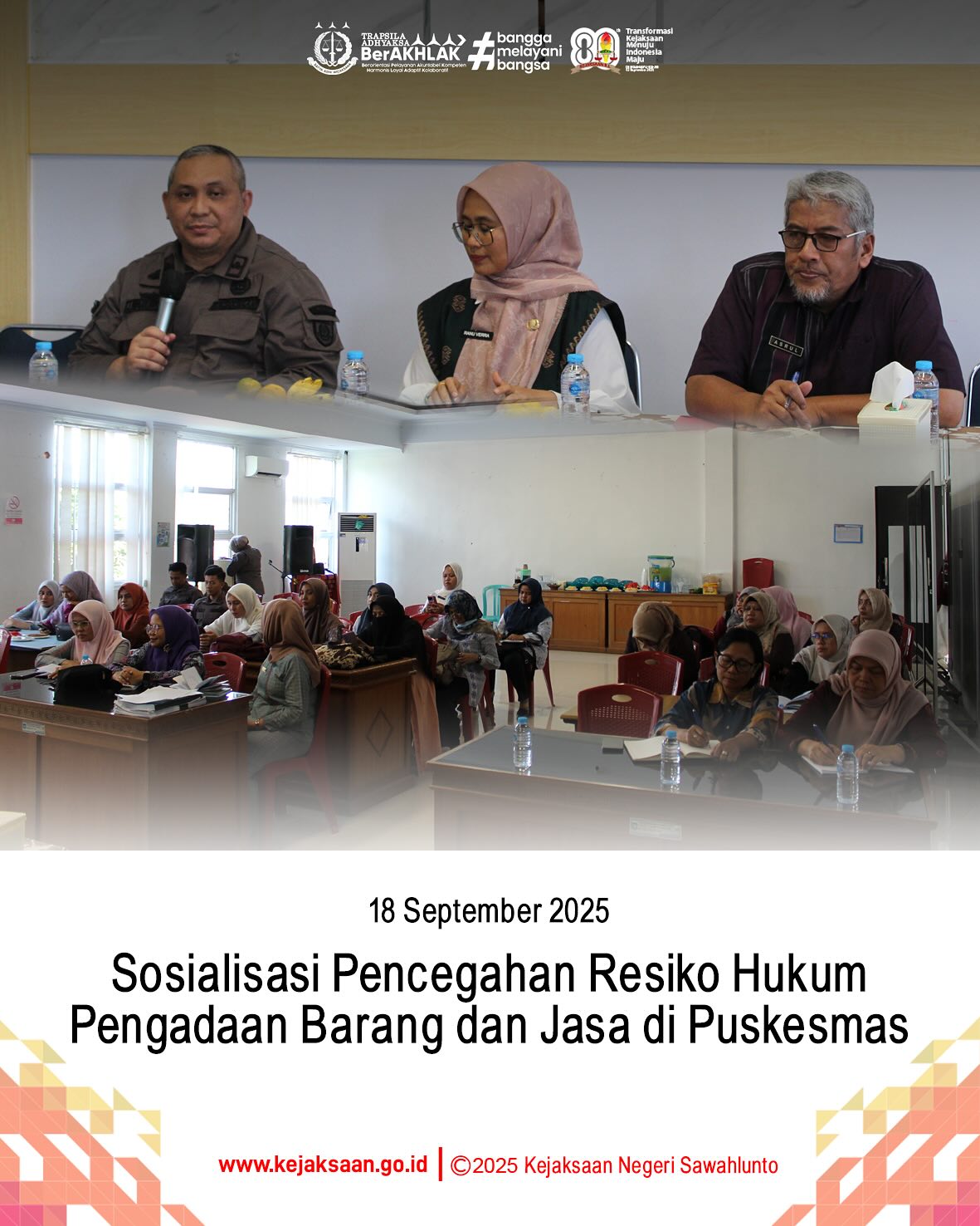 Bahwa pada hari Kamis, 18 September 2025, bertempat di Aula Puskesmas Talawi, pukul 12.30 WIB, Kepala Kejaksaan Negeri Sawahlunto diwakili oleh Kepala Seksi Pemulihan Aset dan Pengelola Barang Bukti, Bapak Jovan Kurata Waruwu, S. H., M. H., menjadi narasumber "Sosialisasi Pencegahan Resiko Hukum dalam Pengadaan Barang dan Jasa di Puskesmas sesuai Peraturan Presiden terbaru".Kegiatan ini dilaksanakan dalam rangka meningkatkan pengetahuan, pemahaman, dan kesadaran Aparatur Sipil Negara khususnya bagi Petugas Pengelola Keuangan di Puskesmas tentang pencegahan resiko Korupsi.Dalam pemaparannya Kepala Seksi Pemulihan Aset dan Pengelola Barang Bukti menyampaikan Peraturan Presiden Nomor 46 Tahun 2025 tentang Perubahan Kedua Peraturan Presiden Nomor 16 Tahun 2018 tentang Pengadaan Barang/Jasa Pemerintah. - from Instagram