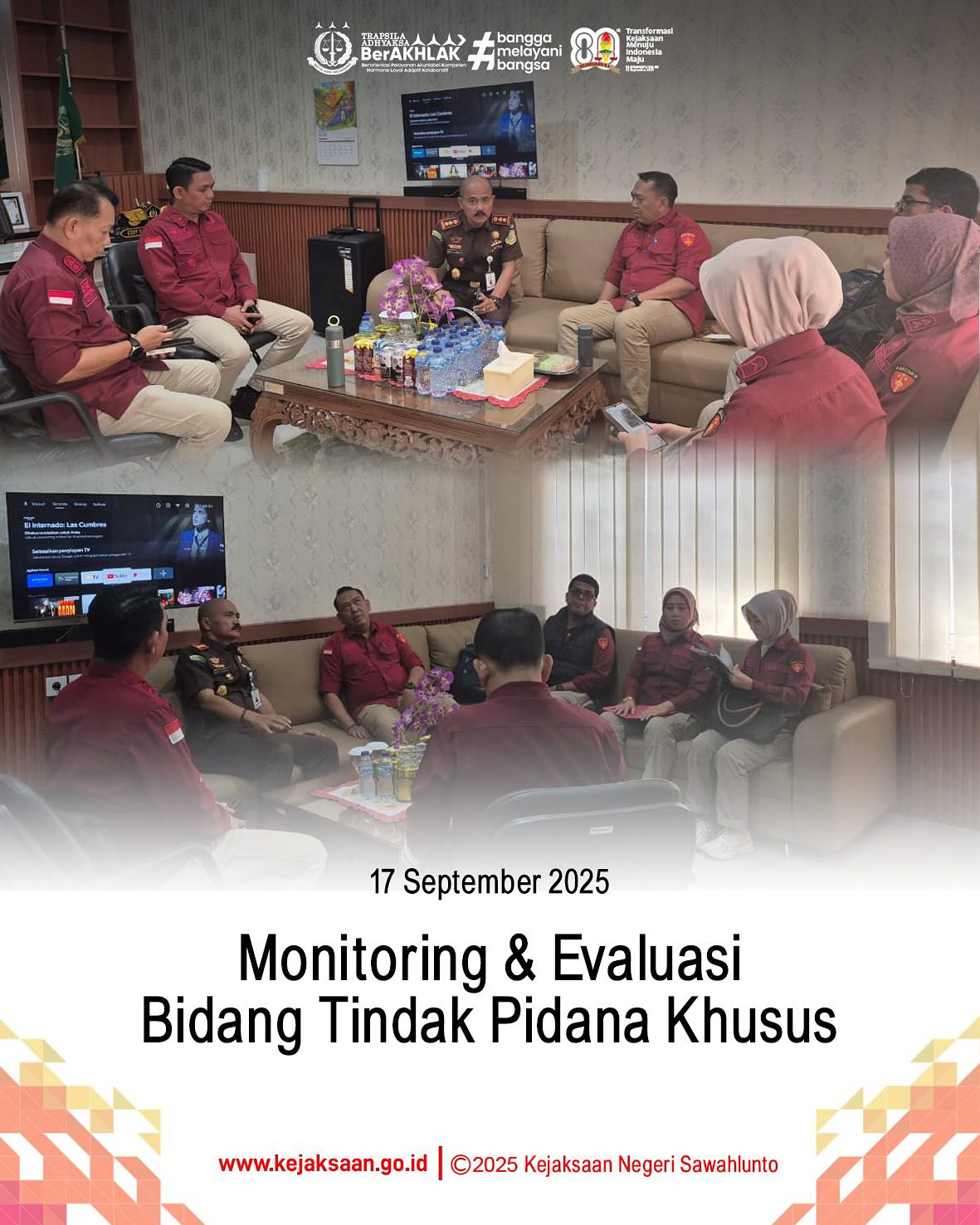 Bahwa pada hari Rabu, 17 September 2025, bertempat di Aula Kantor Kejaksaan Negeri Sawahlunto, pukul 09.00 WIB, Kepala Kejaksaan Negeri Sawahlunto, Bapak Eddy Samrah L, S. H., M. H., Bersama Kepala Seksi Bidang Tindak Pidana Khusus, Bapak Andiko, S. H., M. H., beserta staf Bidang Tindak Pidana Khusus, mengikuti kegiatan Monitoring dan Evaluasi Satuan Kerja oleh Asisten Tindak Pidana Khusus Kejaksaan Tinggi Sumatera Barat.Kegiatan ini dilaksanakan Dalam Rangka Optimalisasi Kinerja Bidang Tindak Pidana Khusus Se Wilayah Kejaksaan Tinggi Sumatera Barat dan Realisasi Penyerapan Anggaran Bidang Tindak Pidana Khusus Tahun Anggaran 2025. - from Instagram