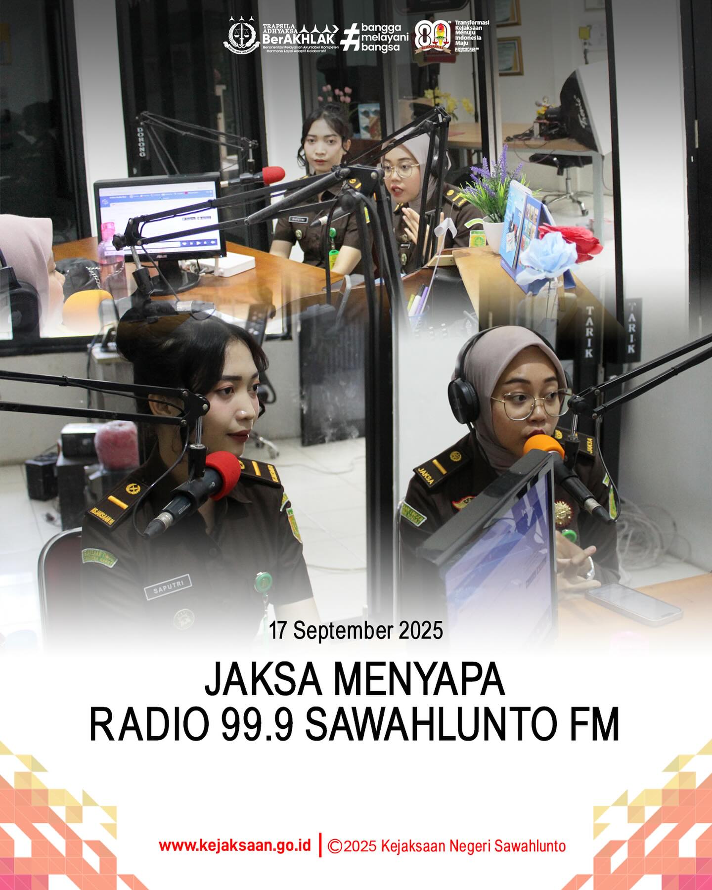 Bahwa pada hari rabu, 17 September 2025, Pukul 09.00, bertempat di Radio Sawahlunto 99,9 FM Kota Sawahlunto, Kasubsi II Bidang Intelijen Kejaksaan Negeri Sawahlunto, Ibu Laras Iga Mawarni,S.H., bersama Penelaah Penuntutan dan Penegakan Hukum (Calon Jaksa Ahli Pertama) Mastura Ajeng Saputri,S.H., melaksanakan kegiatan Jaksa Menyapa Radio 99,9 Sawahlunto FM dengan Tema "Penyelesaian Penanganan Perkara Tindak Pidana Penyalahguanan Narkotika Melalui Rehabilitasi dengan Pendekatan Keadilan Retoratif sebagai Pelaksanaan Asas Dominus Litis Jaksa".Dalam kesempatan ini, Kasubsi II memaparkan Pedoman Jaksa Agung No.18 Tahun 2021 tentang Penyelesaian Penanganan Perkara Tindak Pidana Penyalahguanan Narkotika Melalui Rehabilitasi dengan Pendekatan Keadilan Retoratif sebagai Pelaksanaan Asas Dominus Litis Jaksa dan Surat Edaran No.1 Tahun 2025 tentang Optimalisasi Penanganan Perkara Tindak Pidana Narkotika Berdasarkan Pendekatan Keadilan Restoratif. Pedoman Jaksa Agung tersebut merupakan wujud peran Kejaksaan untuk mendukung program pemerintah dalam pemberantasan narkotika dan menjadi acuan bagi penuntut umum dalam penanganan perkara tindak pidana narkotika, khususnya dalam penyelesaian penanganan perkaratindak pidana penyalahgunaan narkotika yang tidak hanya cenderung bersifat punitif, akan tetapi juga semangat untuk memulihkan seperti keadaan semula dari pelaku tindak pidana penyalahgunaan narkotika melalui rehabilitasi dengan mengedepankan keadilan restoratif dan kemanfaatan (doelmatigheid).Kejaksaan hadir, tidak hanya menegakkan hukum, tapi juga membangun kesadaran hukum sejak dini. - from Instagram