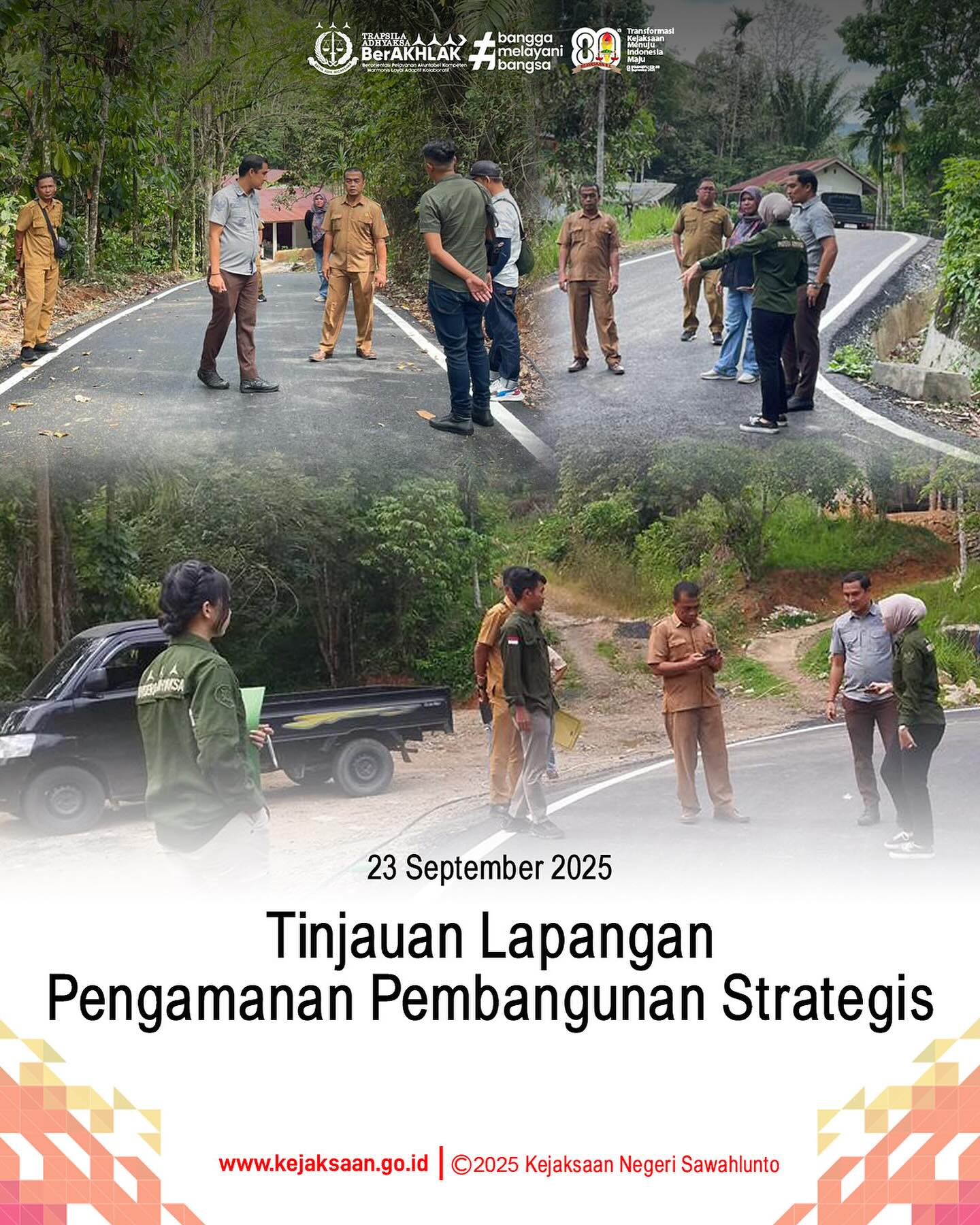 Bahwa pada hari Selasa, 23 September 2025,Pukul 14.00 WIB bertempat di Jalan Padang Elok Ladang Laweh Kota Sawahlunto, Kepala Seksi Intlijen, Bapak Rendra Taqwa Agusto, S. H., Kasubsi II Bidang Intelijen Kejaksaan Negeri Sawahlunto, Ibu Laras Iga Mawarni,S.H., beserta staf intelijen melaksanakan tinjauan lapangan Pengamanan Pembangunan Strategis (PPS) Daerah pada Dinas PUPR Kota Sawahlunto Tahun Anggaran 2025. - from Instagram
