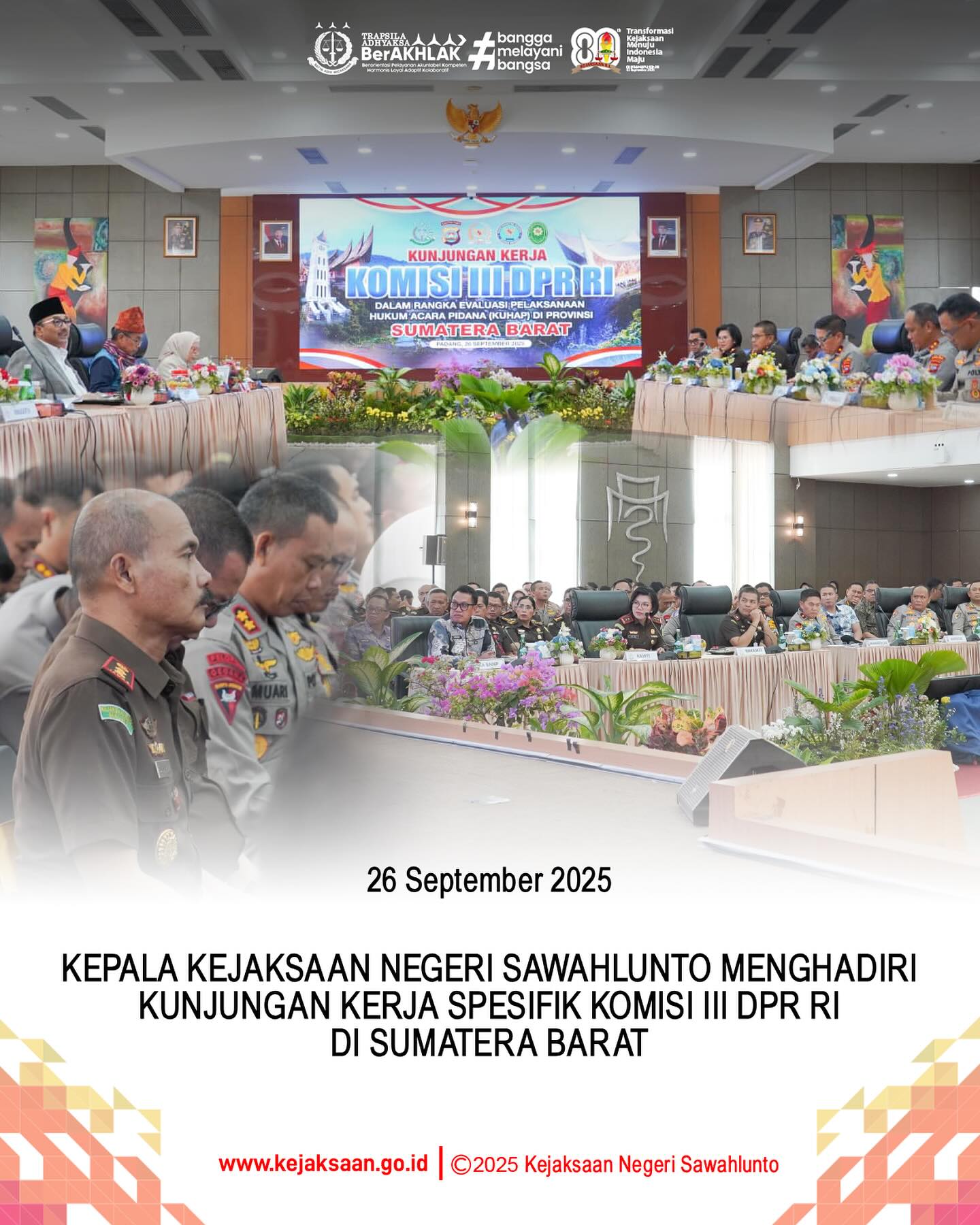 Bahwa pada hari Jumat, 26 September 2025,bertempat di Kantor Polda Sumatera Barat Pukul 14.00 WIB, Kepala Kejaksaan Negeri Sawahlunto, Bapak Eddy Samrah L, S. H., M. H., menghadiri kunjungan kerja spesifik Komisi III DPR RI masa persidangan I Tahun Sidang 2025-2026 dalam rangka evaluasi pelaksanaan hukum acara pidana (KUHAP) di Provinsi Sumatera Barat yang berlangsung di Kantor Polda Sumatera Barat.Kegiatan ini dihadiri langsung oleh Ketua Tim Komisi III DPR RI, H. Benny Utama, S.H., M.H., beserta anggota tim, Kajati Sumbar, Ibu Yuni Daru Winarsih, S.H., M.Hum., didampingi Wakajati Sumbar, para Asisten, Koordinator, Kabag TU, serta seluruh Kajari di Sumatera Barat, serta turut hadir Kapolda Sumbar beserta jajaran, seluruh Kapolres di Sumatera Barat, Ketua Pengadilan Tinggi Padang beserta hakim tinggi, dan Kepala BNNP Sumatera Barat.Komisi III DPR RI menyampaikan apresiasi tinggi atas kinerja dan dedikasi Kejaksaan dalam menjalankan tugas penegakan hukum di Sumatera Barat, yang menjadi motivasi bagi seluruh jajaran untuk terus meningkatkan pelayanan dan profesionalisme demi terciptanya keadilan dan keamanan bagi masyarakat.Dalam kesempatan tersebut, Kajati Sumbar memaparkan kinerja dan program unggulan Kejaksaan, seperti program “Jaksa Mengajar” serta berbagai pelayanan hukum lainnya yang mendukung akses keadilan bagi masyarakat. Selain itu, Kajati Sumbar juga menjelaskan urgensi perubahan KUHAP, khususnya konsideran RUU KUHAP 2025, sebagai upaya penyempurnaan sistem penegakan hukum yang lebih efektif dan berkeadilan.Tujuan kunjungan ini adalah untuk melakukan pengawasan pelaksanaan kebijakan dan program di bidang hukum, keamanan, dan HAM, mengumpulkan data langsung guna mendukung pembuatan kebijakan DPR, menjalin koordinasi antar lembaga terkait, serta memastikan penegakan hukum berjalan adil dan transparan demi menjaga stabilitas keamanan dan perlindungan HAM di Sumatera Barat.Kunjungan ini menjadi momen penting untuk mempererat sinergi antar lembaga penegak hukum dalam meningkatkan kinerja dan pelayanan kepada masyarakat di Sumatera Barat. - from Instagram