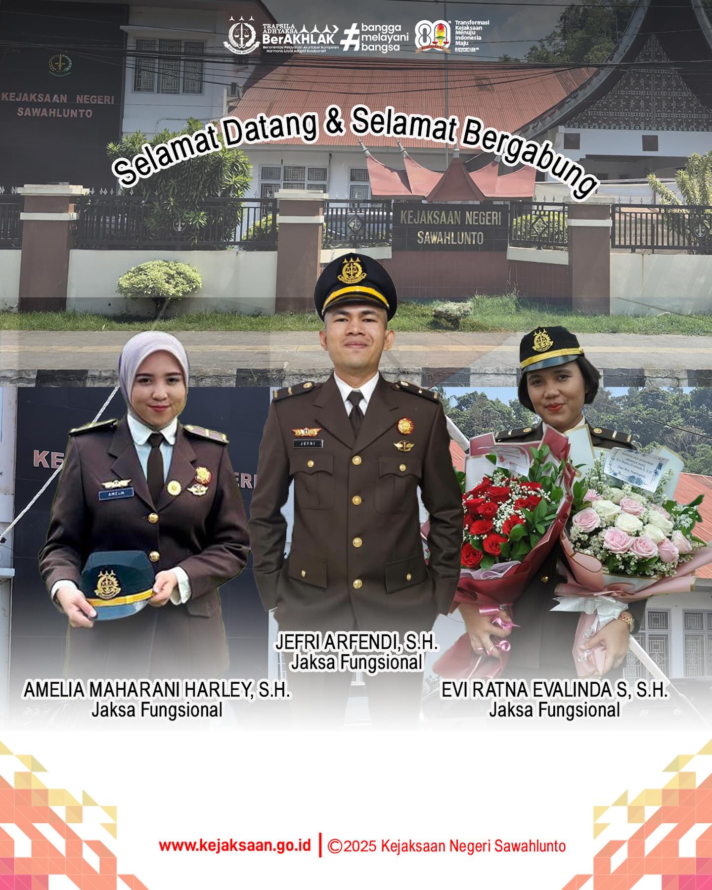 Keluarga Besar Kejaksaan Negeri Sawahlunto mengucapkan Selamat Datang dan Selamat Bergabung di Kejaksaan Negeri Sawahlunto:1. Jefri Arfendi, S.H. (Jaksa Fungsional pada Kejaksaan Negeri Sawahlunto/ PPPJ LXXXII/I)2. Evi Ratna Evalinda S, S.H. (Jaksa Fungsional pada Kejaksaan Negeri Sawahlunto/ PPPJ LXXXII/I)3. Amelia Maharani Harley, S.H. (Jaksa Fungsional pada Kejaksaan Negeri Sawahlunto/ PPPJ LXXXII/I) - from Instagram