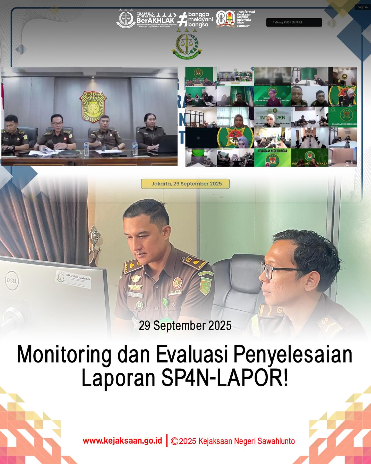 Bahwa pada hari Senin, 29 September 2025,Pukul 09.00 wib, bertempat di Ruangan Bidang Intelijen Kejaksaan Negeri Sawahlunto, Kepala Seksi Intelijen, Bapak Rendra Taqwa Agusto, S. H., beserta staf bidang intelijen, mengikuti Monitoring dan Evaluasi Penyelesaian Laporan SP4N-LAPOR! yang Tindak Lanjutnya Masih Berstatus Proses dan Sosialisasi Rencana Aksi SP4N-LAPOR! Kejaksaan R.I. Tahun 2025-2029 secara daring.Dalam kegiatan Monitoring dan Evaluasi Penyelesaian Laporan SP4N-LAPOR! ini disampaikan agar semua Kejaksaan Tinggi dan Kejaksaan Negeri mengikuti pedoman Keputusan Wakil Jaksa Agung Nomor KEP-05/B/WJA/07/2025 tentang Rencana Aksi Pengelolaan Pengaduan Pelayanan Publik Sistem Pengelolaan Pengaduan Pelayanan Publik Nasional (SP4) - Layanan Aspirasi dan Pengaduan Online Rakyat (LAPOR!) di Lingkungan Kejaksaan Republik Indonesia Tahun 2025 - 2029. - from Instagram