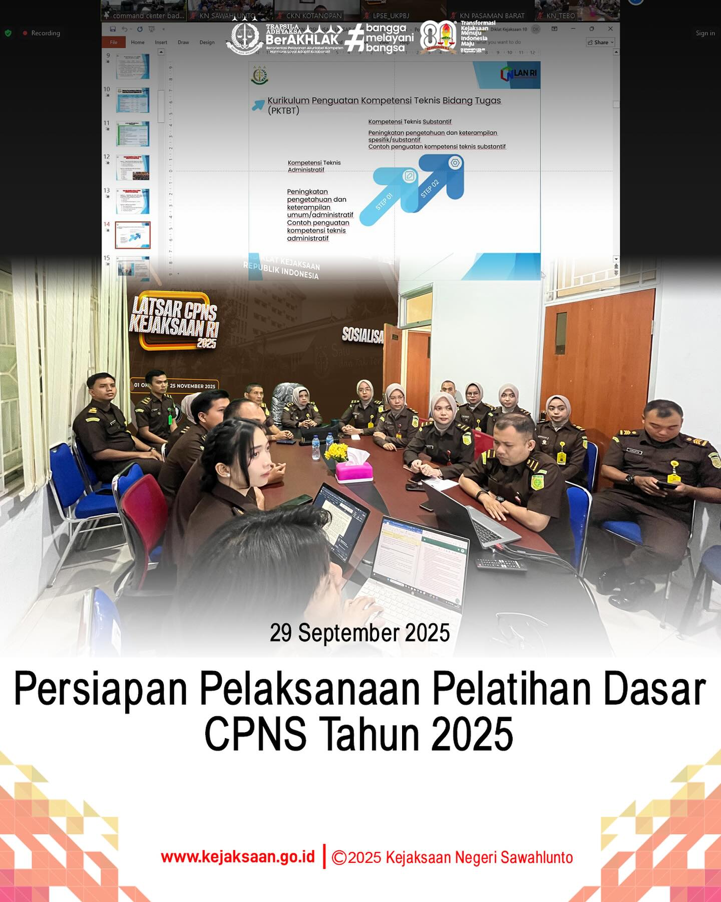 Bahwa pada hari Senin, 29 September 2025,Pukul 10.00 wib, bertempat di Ruangan Video Conference Kejaksaan Negeri Sawahlunto, Kepala Subbagian Pembinaan, Ibu Elnita, S. H., dan Kepala Urusan Tata Usaha, Kepegawaian dan Keuangan PNBP, Bapak Suardi Yulanda, S. H., beserta CPNS Kejaksaan Negeri Sawahlunto Tahun 2025 mengikuti kegiatan Persiapan Pelaksanaan Pelatihan Dasar CPNS Tahun 2025 secara daring. - from Instagram