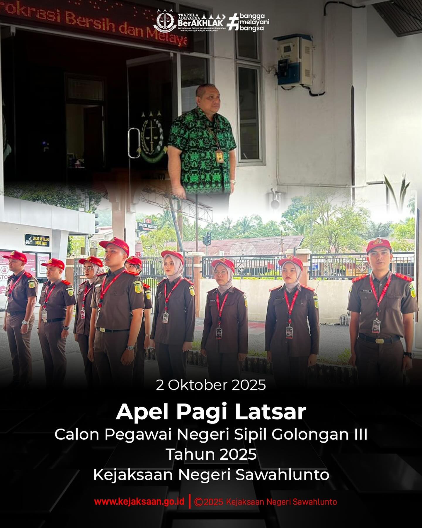 Bahwa pada hari Kamis, 02 Oktober 2025 Pukul 07.00 WIB, bertempat di halaman kantor Kejaksaan Negeri Sawahlunto, Kepala Seksi Pemulihan Aset dan Pengelolaan Barang Bukti, Bapak Jovan Kurata Waruwu, S. H., M. H., memimpin Apel Pagi Perdana peserta Latsar CPNS Golongan III Tahun 2025 Kejaksaan Negeri Sawahlunto.Kepala Seksi Pemulihan Aset dan Pengelola Barang Bukti menyampaikan latsar merupakan salah satu rangkaian kegiatan wajib yang harus di ikuti oleh Calon Pegawai Negeri Sipil (CPNS) untuk menjadi Pegawai Negeri Sipil (PNS) sehingga diharapkan para CPNS Golongan III Tahun 2025 Kejaksaan Negeri Sawahlunto dapat mengikuti dengan baik, ikhlas dalam melaksanakan tugas, memiliki jiwa perwira & ksatria serta mampu menganalisa resiko sebelum mengambil keputusan.Apel pagi merupakan kegiatan rutin dan kewajiban setiap ASN untuk memperkuat disiplin, menumbuhkan semangat kerja, serta meningkatkan komitmen seluruh pegawai dalam memberikan pelayanan terbaik kepada masyarakat.Kejaksaan Negeri Sawahlunto terus berkomitmen untuk memberikan pelayanan hukum yang optimal kepada masyarakat melalui kerja yang berorientasi pada integritas, akuntabilitas, dan kinerja yang berkeadilan. - from Instagram