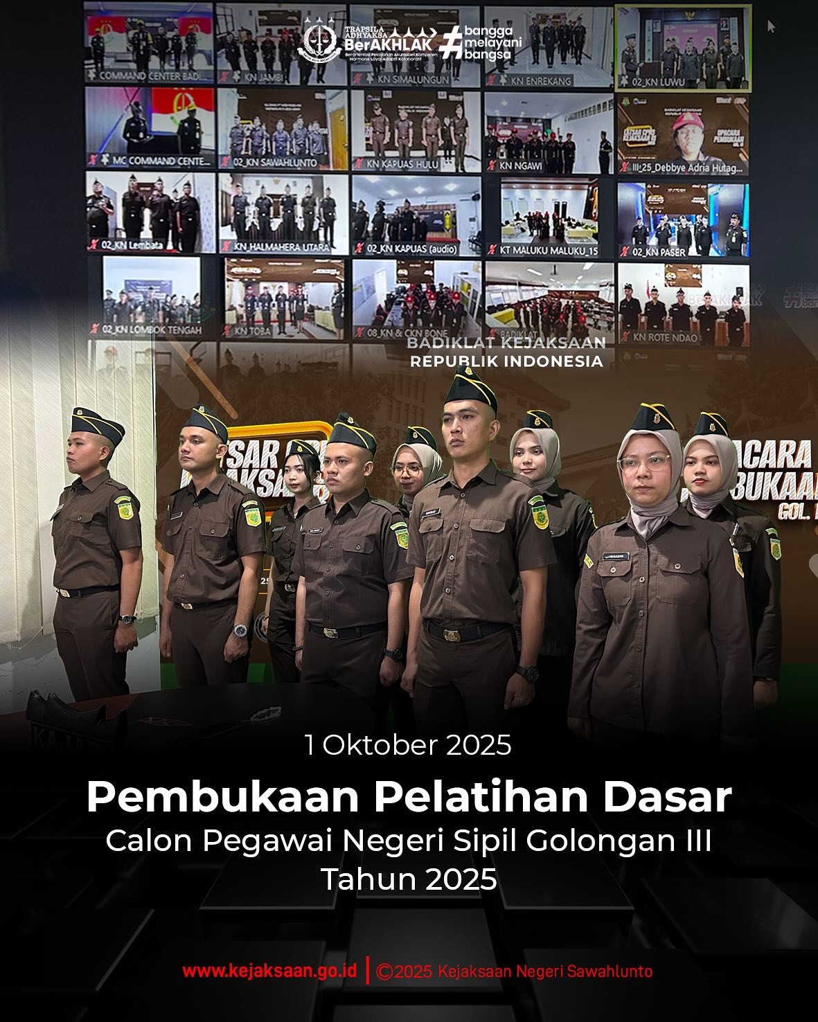 Bahwa pada hari Rabu, 1 Oktober 2025, Pukul 10.00 WIB, bertempat di Ruang Video Conference Kantor Kejaksaan Negeri Sawahlunto, Kepala Subbagian Pembinaan, Ibu Elnita, S. H., Kepala Urusan Tata Usaha, Kepegawaian dan Keuangan PNBP, Bapak Suardi Yulanda, S. H., beserta CPNS Kejaksaan Negeri Sawahlunto Tahun 2025 Golongan III mengikuti Pembukaan Pelatihan Dasar Calon Pegawai Negeri Sipil Golongan III Tahun 2025 secara daring.Pelatihan Dasar Calon Pegawai Negeri Sipil Tahun 2025 Golongan III diselenggarakan oleh Pusdiklat Manajemen dan Kepemimpinan Badiklat Kejaksaan RI dengan metode Distance Learning mulai dari tanggal 01Oktober 2025 sampai dengan 25 November 2025.Pelatihan Dasar Calon Pegawai Negeri Sipil (Latsar CPNS), merupakan pelatihan wajib bagi CPNS selama masa percobaan dimana Program Latsar CPNS ini bertujuan untuk membentuk CPNS menjadi PNS yang profesional, berkarakter, dan mampu melaksanakan tugas sebagai pelaksana kebijakan publik. - from Instagram