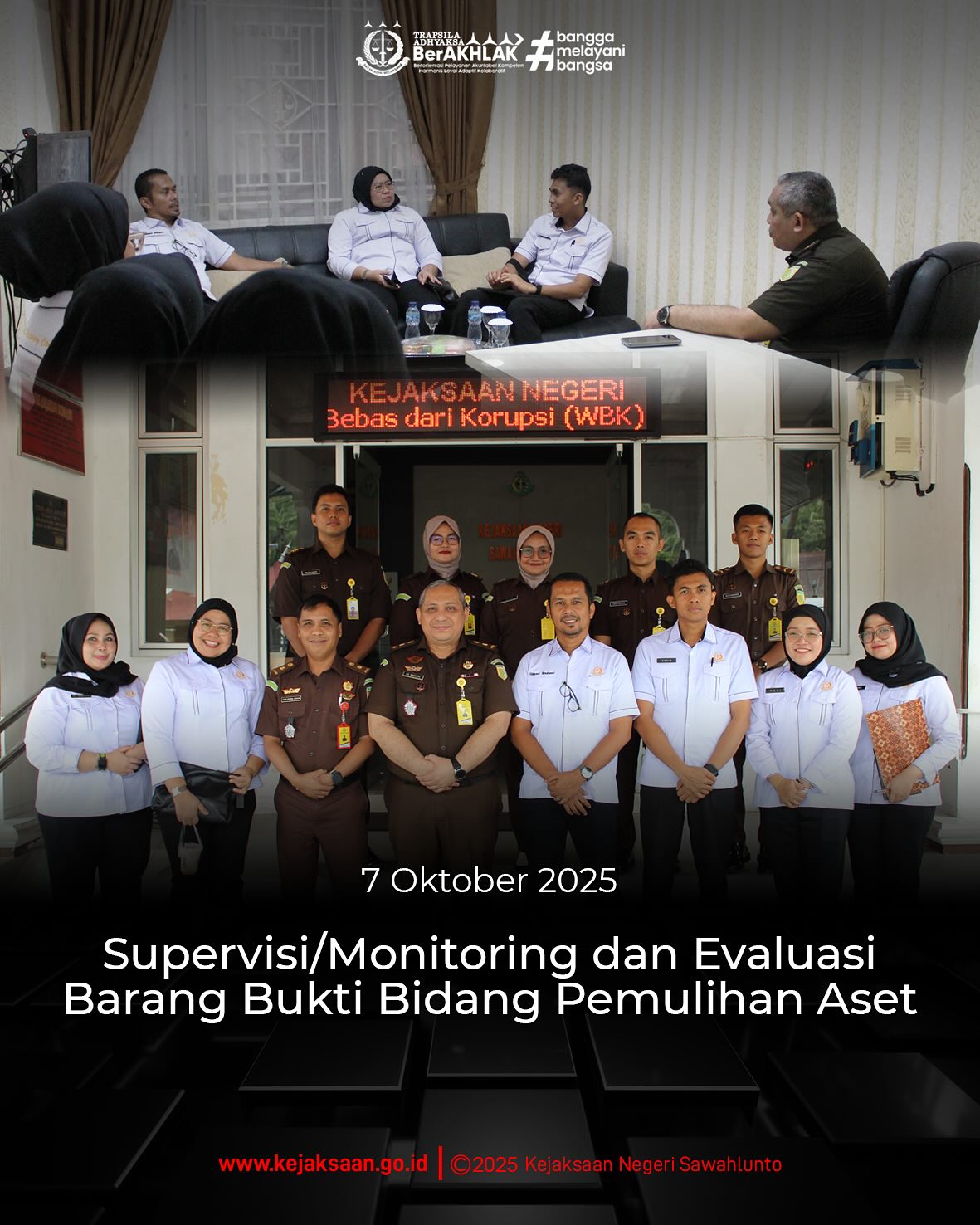Bahwa pada hari Selasa 7 Oktober 2025, Pukul 09.30 WIB, bertempat di Kantor Kejaksaan Negeri Sawahlunto, Bidang Pemulihan Aset dan Pengelolaan Barang Bukti Kejaksaan Negeri Sawahlunto melakukan kegiatan Monitoring dan Evaluasi Barang Bukti Bidang Pemulihan Aset dan Pengelolaan Barang Bukti yang dilaksanakan oleh Bidang Pemulihan Aset dan Pengelola Barang Bukti yang dihadiri oleh Plt. Asisten Bidang Pemulihan Aset dan Pengelolaan Barang Bukti Kejaksaan Tinggi Sumatera Barat, Bapak Ilhamd Wahyudi, S. H., M. H. beserta Tim.Kegiatan ini bertujuan untuk memastikan tata kelola penyimpanan dan pemeliharaan barang bukti serta barang rampasan berjalan sesuai ketentuan, sekaligus melakukan pengecekan terhadap penyerapan anggaran guna mendukung optimalisasi pelaksanaan tugas di satuan kerja. - from Instagram