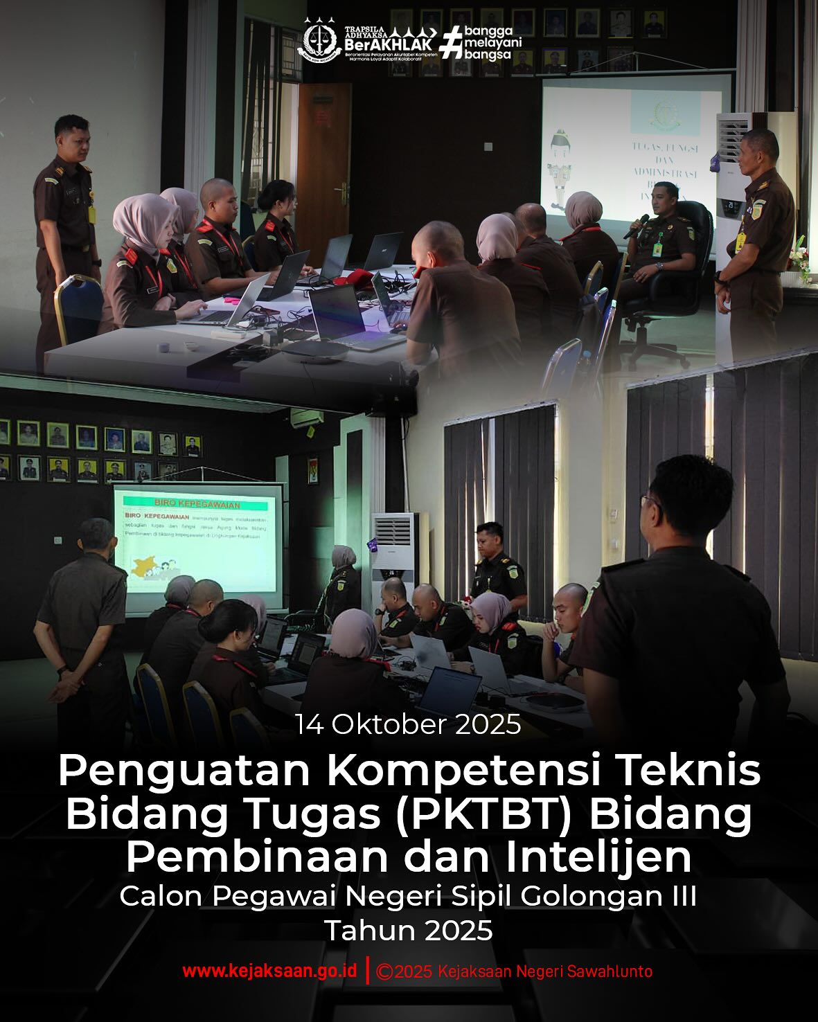 Bahwa pada hari Selasa, 14 Oktober 2025, Pukul 07.45 WIB, bertempat di Kejaksaan Negeri Sawahlunto, Kepala Subbagian Pembinaan, Ibu Elnita, S. H., dan Kepala Seksi Intelijen, Bapak Rendra Taqwa Agusto, S. H., menjadi Pemateri Penguatan Kompetensi Teknis Bidang Tugas (PKTBT) kepada peserta LATSAR CPNS Gol. III Kejaksaan Negeri Sawahlunto.Materi yang disampaikan Kepala Subbagian Pembinaan terkait Tugas dan Fungsi Serta Administrasi Bidang Pembinaan dan Tata Persuratan Dinas, Kepala Seksi Intelijen menyampaikan materi terkait Tugas, Fungsi dan Administrasi Bidang Intelijen.Kegiatan ini merupakan bagian dari upaya pembinaan dan peningkatan kompetensi sumber daya manusia Kejaksaan agar senantiasa profesional, berintegritas, dan memahami nilai-nilai dasar Trapsila Adhyaksa dalam menjalankan tugas dan pengabdian kepada negara. - from Instagram