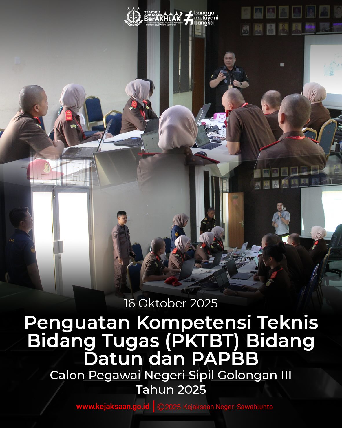 Bahwa pada hari Kamis, 16 Oktober 2025, Pukul 07.45 WIB, bertempat di Kejaksaan Negeri Sawahlunto, Kepala Seksi Pemulihan Aset dan Pengelolaan Barang Bukti, Bapak Jovan Kurata Waruwu, S. H., M. H., dan Kepala Seksi Intelijen, Bapak Rendra Taqwa Agusto, S. H., menjadi Pemateri Penguatan Kompetensi Teknis Bidang Tugas (PKTBT) kepada peserta LATSAR CPNS Gol. III Kejaksaan Negeri Sawahlunto.Materi yang disampaikan Kepala Seksi Pemulihan Aset dan Pengelolaan Barang Bukti, terkait Tugas dan Fungsi serta Administrasi Bidang Pengawasan, dan Materi Struktur Organisasi dan Tata Kerja Badan Pemulihan Aset Kejaksaan Republik Indonesia, serta Kepala Seksi Intelijen menyampaikan materi terkait Tugas dan Fungsi serta Administrasi Perdata dan Tata Usaha Negara.Kegiatan ini merupakan bagian dari upaya pembinaan dan peningkatan kompetensi sumber daya manusia Kejaksaan agar senantiasa profesional, berintegritas, dan memahami nilai-nilai dasar Trapsila Adhyaksa dalam menjalankan tugas dan pengabdian kepada negara. - from Instagram
