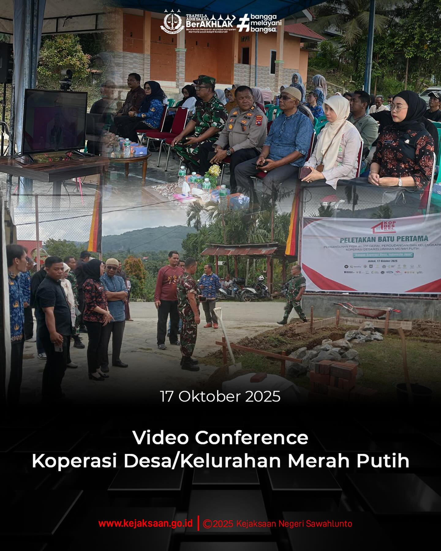 Bahwa pada hari Jumat, 17 Oktober 2025, Pukul 14.00 WIB, bertempat di Lapangan Futsal Dusun Padang Melintang Desa Santur, Kepala Subseksi II Bidang Intelijen, Ibu Laras Iga Mawarni, S. H., mengikuti kegiatan Video Conference Koperasi Desa/Kelurahan Merah Putih.Tujuan dari kegiatan ini yaitu untuk melaporkan data Koperasi Desa/Kelurahan Merah Putih (KDKMP) dan membantu pendirian KDKMP yang belum ada di wilayah. Kemudian kegiatan dilanjutkan dengan Peletakan Batu Pertama Pembangunan Fisik 80.000 Gerai, Pergudangan dan Kelengkapan Koperasi Desa/Kelurahan Merah Putih, "Bangun Koperasi Desa, Indonesia Jaya".Video Conference ini di hadiri jajaran Forum Komunikasi Pimpinan Daerah (Forkopimda) Kota Sawahlunto, instansi pemerintah, TNI, Polri, Sekretariat Daerah dan Perangkat Daerah Kota Sawahlunto. - from Instagram