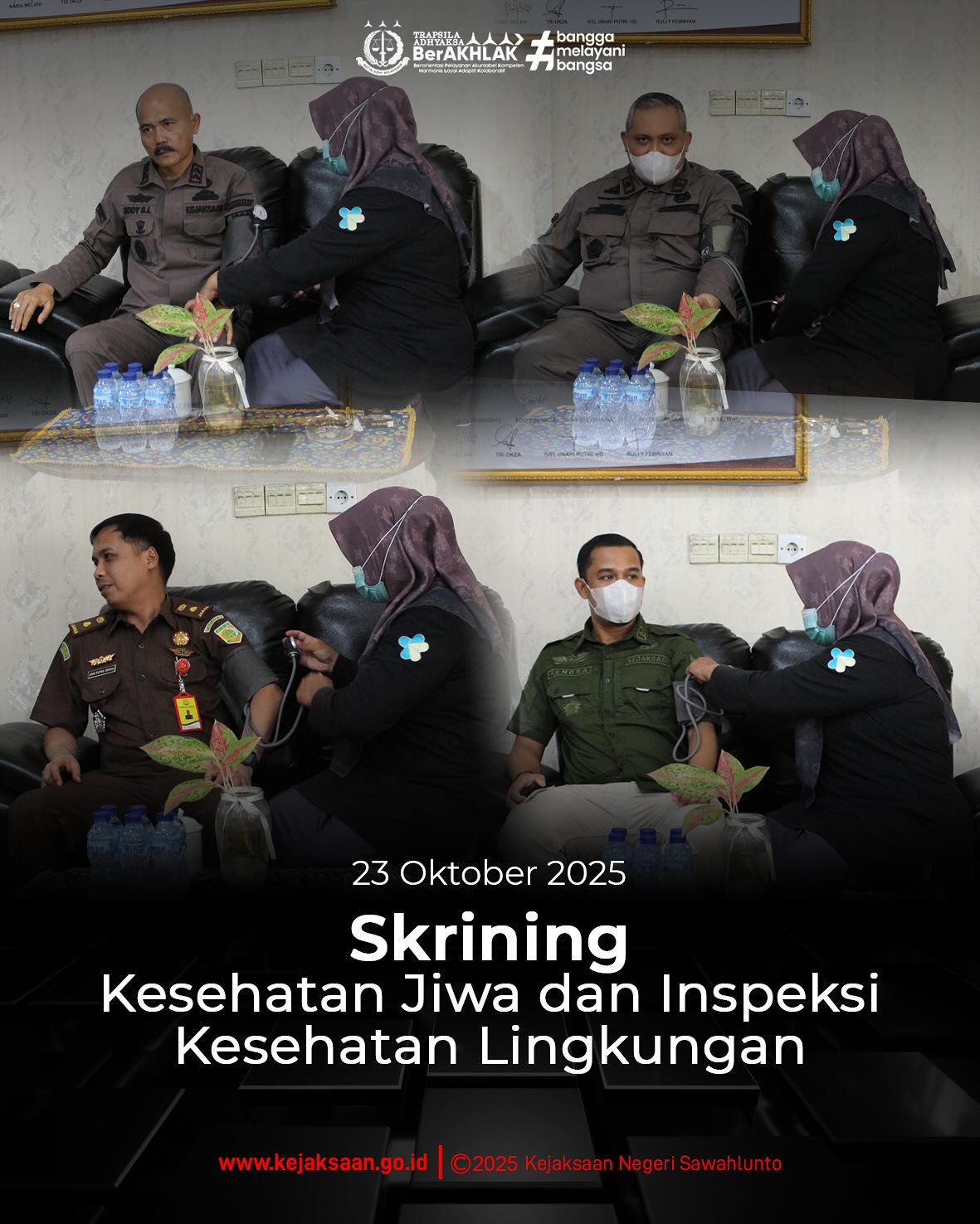 Bahwa hari Kamis, 23 Oktober 2025, Pukul 10.00 WIB, bertempat di Kantor Kejaksaan Negeri Sawahlunto, Kepala Kejaksaan Negeri Sawahlunto, Bapak Eddy Samrah L, S. H., M. H., berserta seluruh pegawai Kejaksaan Negeri Sawahlunto mengikuti Kegiatan Skrining Kesehatan Jiwa dan Inspeksi Kesehatan Lingkungan.Kegiatan ini dilaksanakan dalam rangka upaya promotif dan preventif terhadapa gangguan kesehatan jiwa serta pengendalian faktor resiko lingkungan kerja. Kegiatan ini dilaksanakn oleh tim dari UPT Puskesmas Silungkang. - from Instagram