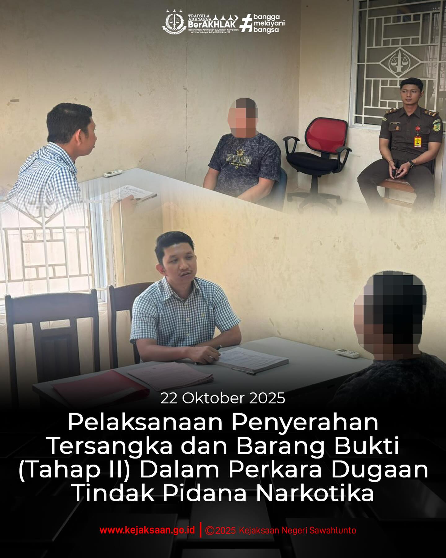Bahwa pada hari Rabu, 22 Oktober 2025,Pukul 10.00 WIB, bertempat di Ruang Pemeriksaan Tahap II telah dilaksanakan Pelaksanaan Penyerahan Tersangka dan Barang Bukti (Tahap II) Dalam Perkara Dugaan Tindak Pidana Narkotika dari Penyidik Polres Sawahlunto. - from Instagram