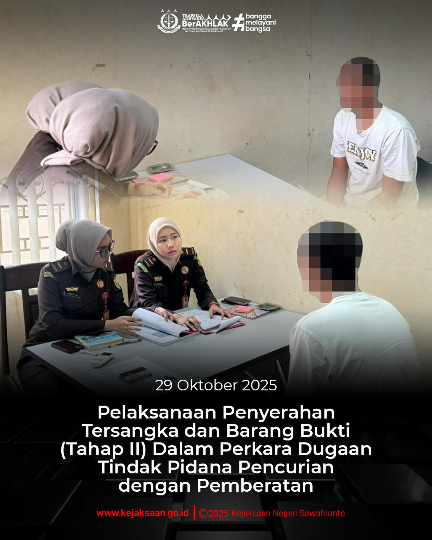 Bahwa pada hari Rabu, 29 Oktober 2025,Pukul 10.00 WIB, bertempat di Ruang Pemeriksaan Tahap II telah dilaksanakan Pelaksanaan Penyerahan Tersangka dan Barang Bukti (Tahap II) Dalam Perkara Dugaan Tindak Pidana Pencurian dengan Pemberatan dari Penyidik Polres Sawahlunto. - from Instagram
