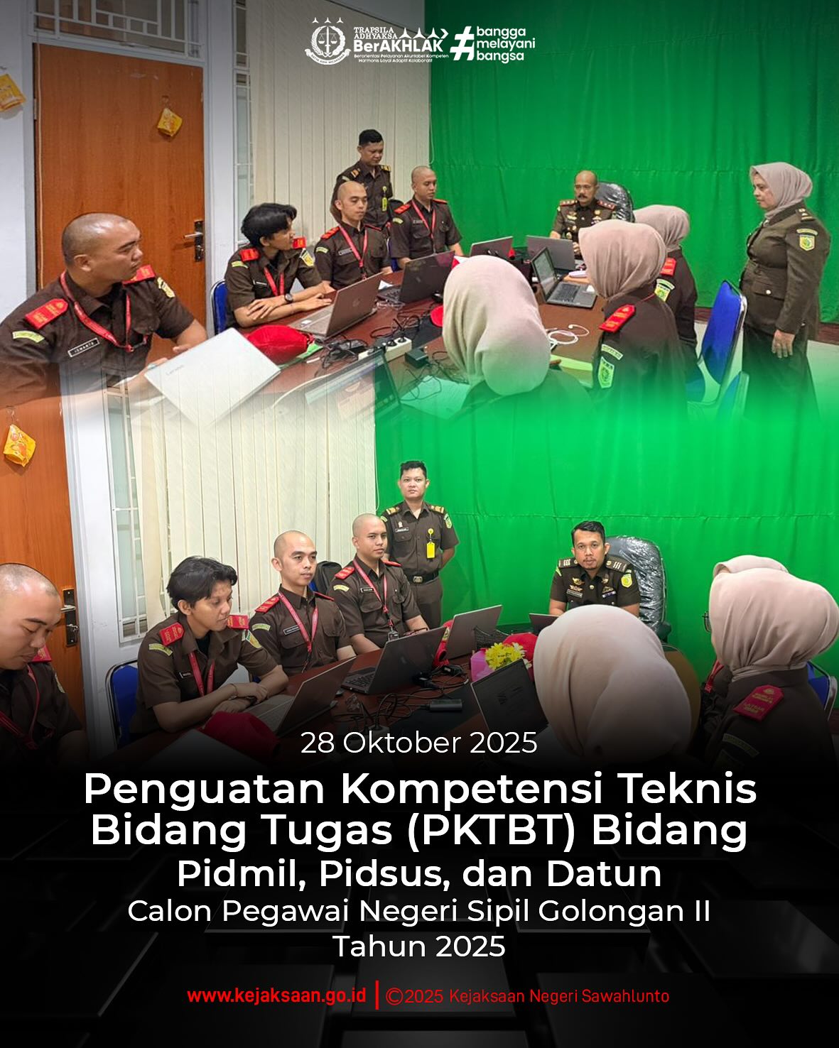 Bahwa pada hari Selasa, 28 Oktober 2025, Pukul 07.45 WIB, bertempat di Kejaksaan Negeri Sawahlunto, Kepala Kejaksaan Negeri Sawahlunto, Bapak Eddy Samrah L, S. H., M. H., dan Kepala Seksi Perdata dan Tata Usaha Negera, Bapak Didi Vinaldo Edwar, S. H., menjadi Pemateri Penguatan Kompetensi Teknis Bidang Tugas (PKTBT) kepada peserta LATSAR CPNS Gol. II Kejaksaan Negeri Sawahlunto.Materi yang disampaikan Kepala Kejaksaan Negeri Sawahlunto, terkait  Tugas dan Fungsi Jaksa Agung Muda Pidana Militer serta Administrasi Perkara Koneksitas, serta Kepala Seksi Perdata dan Tata Usaha Negera menyampaikan materi terkait Tugas dan Fungsi serta Administrasi Bidang Tindak Pidana Khusus serta Tugas dan Fungsi serta Administrasi Perdata dan Tata Usaha Negara.Kegiatan ini merupakan bagian dari upaya pembinaan dan peningkatan kompetensi sumber daya manusia Kejaksaan agar senantiasa profesional, berintegritas, dan memahami nilai-nilai dasar Trapsila Adhyaksa dalam menjalankan tugas dan pengabdian kepada negara. - from Instagram