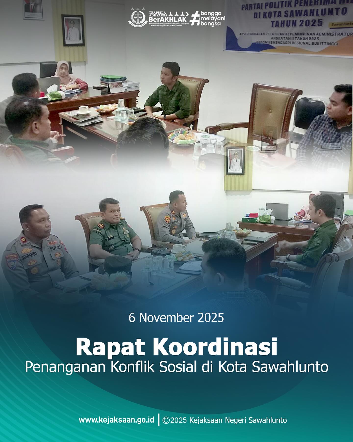 Bahwa pada hari Kamis, 06 November 2025, Pukul 09.00 WIB, bertempat di Kantor Badan Kesbangpol Kota Sawahlunto, Kepala Kejaksaan Negeri Sawahlunto diwakili oleh Kasubsi I Bidang Intelijen, Bapak Arief Hidayat, S. H., mengikuti kegiatan Rapat Koordinasi Penanganan Konflik Sosial di Kota Sawahlunto. - from Instagram
