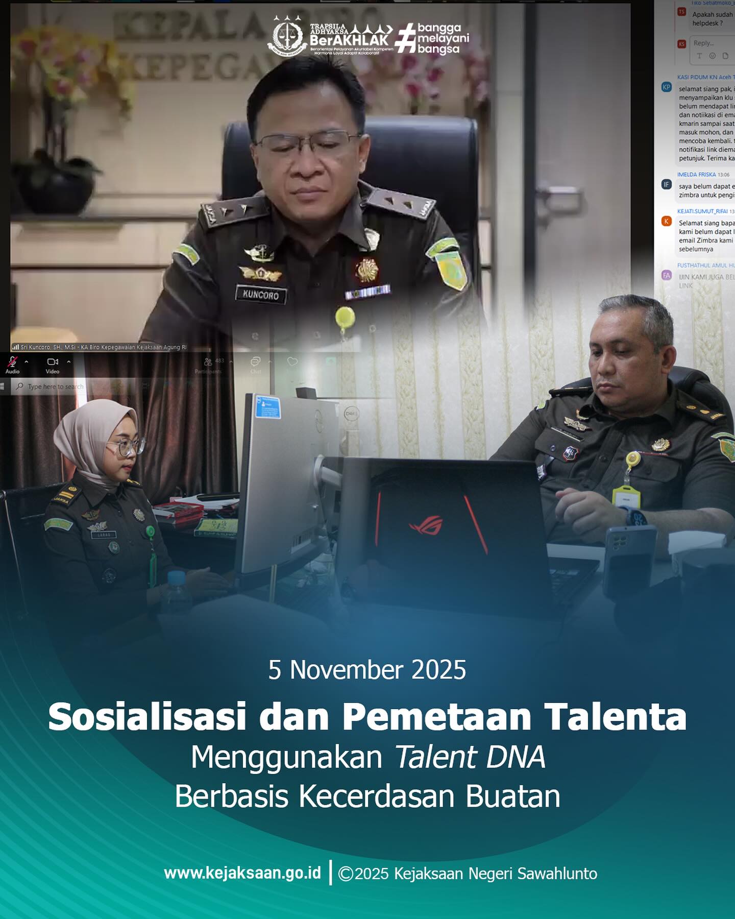 Bahwa pada hari Rabu, 5 November 2025, Pukul 13.00 WIB, bertempat di Kantor Kejaksaan Negeri Sawahlunto, Kepala Seksi Pemulihan Aset & Pengelolaan Barang Bukti, Bapak Jovan Kurata Waruwu, S. H., M. H., dan Kepala Subseksi II Bidang Intelijen, Ibu Laras Iga Mawarni, S. H., mengikuti kegiatan Sosialisasi dan Pemetaan Talenta Menggunakan Talent DNA Berbasis Kecerdasan Buatan Batch 3 secara daring.Kegiatan ini bertujuan untuk mendukung penguatan Sistem Merit dan Implementasi Manajemen Talenta di Kejaksaan Republik Indonesia.Pemetaan Talenta menggunakan Talent DNA (Drive Network Action) berbasis Kecerdasan Buatan (Artificial Intelligence) dilaksanakan untuk memperoleh profilpotensi pegawai secara objektif, akurat, dan selaras dengan nilai BerAKHLAK melalui pemanfaatan teknologi Artificial Intelligence, sebagaimana sejalan dengan Peraturan Menteri PANRB Nomor 3 Tahun 2020 tentang Manajemen Talenta ASN, khususnya dalam aspek pemetaan potensi terbaik setiap ASN untuk mendukung perencanaan suksesi jabatan dan pengembangan karier secara berkelanjutan. - from Instagram