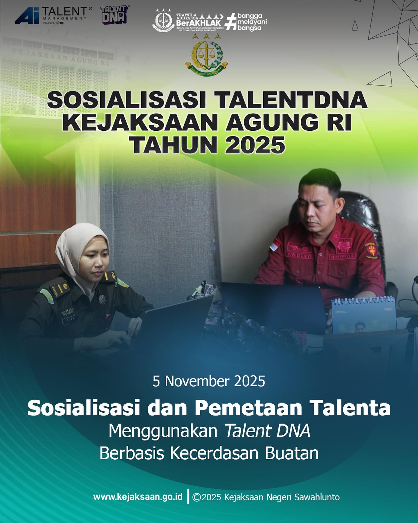 Bahwa pada hari Rabu, 5 November 2025, Pukul 15.00 WIB, bertempat di Kantor Kejaksaan Negeri Sawahlunto, Kepala Seksi Tindak Pidana Khusus, Bapak Andiko, S. H., M. H., dan Kepala Subseksi Penuntutan, Eksekusi dan Eksaminasi Bidang Tindak Pidana Umum, Ibu Alfi Soka Hananti, S. H., mengikuti kegiatan Sosialisasi dan Pemetaan Talenta Menggunakan Talent DNA Berbasis Kecerdasan Buatan Batch 4 secara daring.Kegiatan ini bertujuan untuk mendukung penguatan Sistem Merit dan Implementasi Manajemen Talenta di Kejaksaan Republik Indonesia.Pemetaan Talenta menggunakan Talent DNA (Drive Network Action) berbasis Kecerdasan Buatan (Artificial Intelligence) dilaksanakan untuk memperoleh profilpotensi pegawai secara objektif, akurat, dan selaras dengan nilai BerAKHLAK melalui pemanfaatan teknologi Artificial Intelligence, sebagaimana sejalan dengan Peraturan Menteri PANRB Nomor 3 Tahun 2020 tentang Manajemen Talenta ASN, khususnya dalam aspek pemetaan potensi terbaik setiap ASN untuk mendukung perencanaan suksesi jabatan dan pengembangan karier secara berkelanjutan. - from Instagram