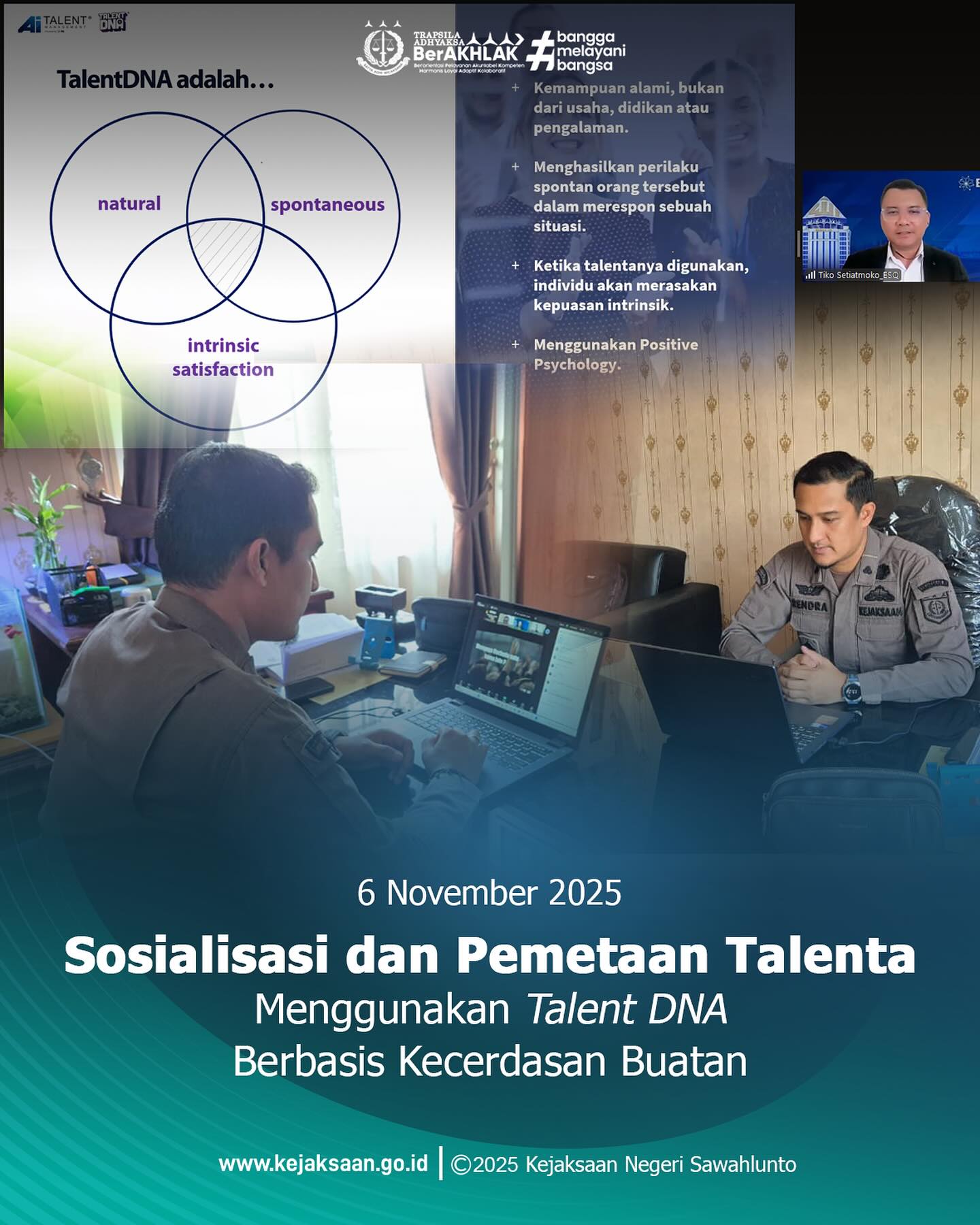 Bahwa pada hari Kamis, 6 November 2025, Pukul 13.00 WIB, bertempat di Kantor Kejaksaan Negeri Sawahlunto, Kepala Seksi Intelijen, Bapak Rendra Taqwa Agusto, S. H., mengikuti kegiatan Sosialisasi dan Pemetaan Talenta Menggunakan Talent DNA Berbasis Kecerdasan Buatan Batch 7 secara daring.Kegiatan ini bertujuan untuk mendukung penguatan Sistem Merit dan Implementasi Manajemen Talenta di Kejaksaan Republik Indonesia.Pemetaan Talenta menggunakan Talent DNA (Drive Network Action) berbasis Kecerdasan Buatan (Artificial Intelligence) dilaksanakan untuk memperoleh profilpotensi pegawai secara objektif, akurat, dan selaras dengan nilai BerAKHLAK melalui pemanfaatan teknologi Artificial Intelligence, sebagaimana sejalan dengan Peraturan Menteri PANRB Nomor 3 Tahun 2020 tentang Manajemen Talenta ASN, khususnya dalam aspek pemetaan potensi terbaik setiap ASN untuk mendukung perencanaan suksesi jabatan dan pengembangan karier secara berkelanjutan. - from Instagram