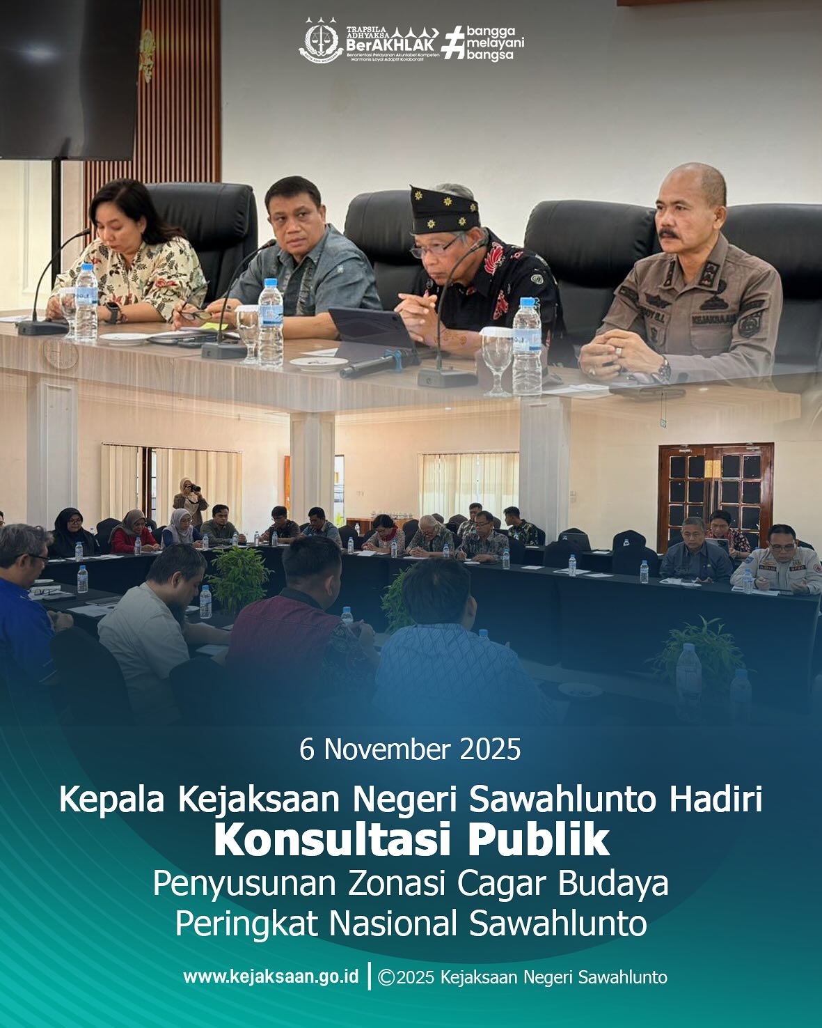 Bahwa pada hari Kamis, 06 November 2025, Pukul 08.00 WIB, bertempat di Ballroom Hotel Khas Ombilin Kota Sawahlunto, Kepala Kejaksaan Negeri Sawahlunto, Bapak Eddy Samrah L, S. H., M. H., mengikuti kegiatan Konsultasi Publik Penyusunan Zonasi Cagar Budaya Peringkat Nasional Sawahlunto.Kegiatan ini dilaksanakan dalam rangka perlindungan dan pengelolaan Cagar Budaya, Direktorat Warisan Budaya dan Perkumpulan Ahli Arkeologi Indonesia akan menyelenggarakan Konsultasi Publik Penyusunana Zonasi Kawasan Cagar Budaya Peringkat Nasional Kota Lama Tambang Batubara Sawahlunto. - from Instagram