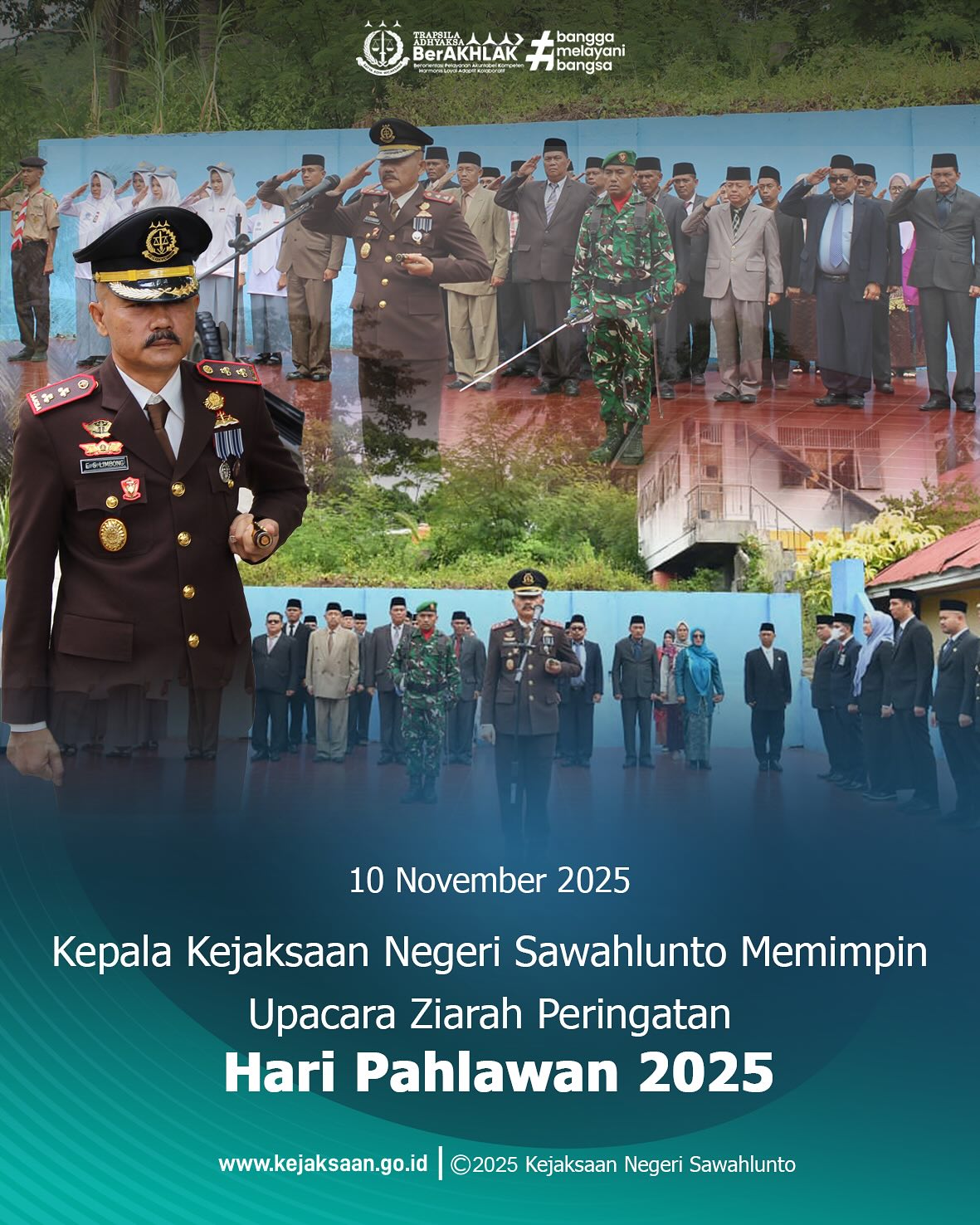Bahwa pada hari Senin, 10 November 2025 pukul 08.30 WIB,bertempat di Taman Makam Pahlawan Kubang Sirakuk Utara Kota Sawahlunto, Kepala Kejaksaan Negeri Sawahlunto,Bapak Eddy Samrah L, S. H., M. H., menjadi Inspektur Upacara Ziara Peringatan Hari Pahlawan Tahun 2025. Upacara Ziarah Peringatan Hari Pahlawan Tahun 2025 ini diikuti oleh jajaran Forum Koordinasi Pimpinan Daerah (Forkopimda) Kota Sawahlunto,instansi pemerintah, TNI, Polri, serta berbagai elemen masyarakat.Dengan khidmat, seluruh peserta upacara mengenang jasa para pahlawan sebagai teladan perjuangan dan pengabdian yang harus diwarisi oleh generasi penerus bangsa dalam mengisi kemerdekaan. @kejaksaan.ri @kejatisumaterabarat - from Instagram