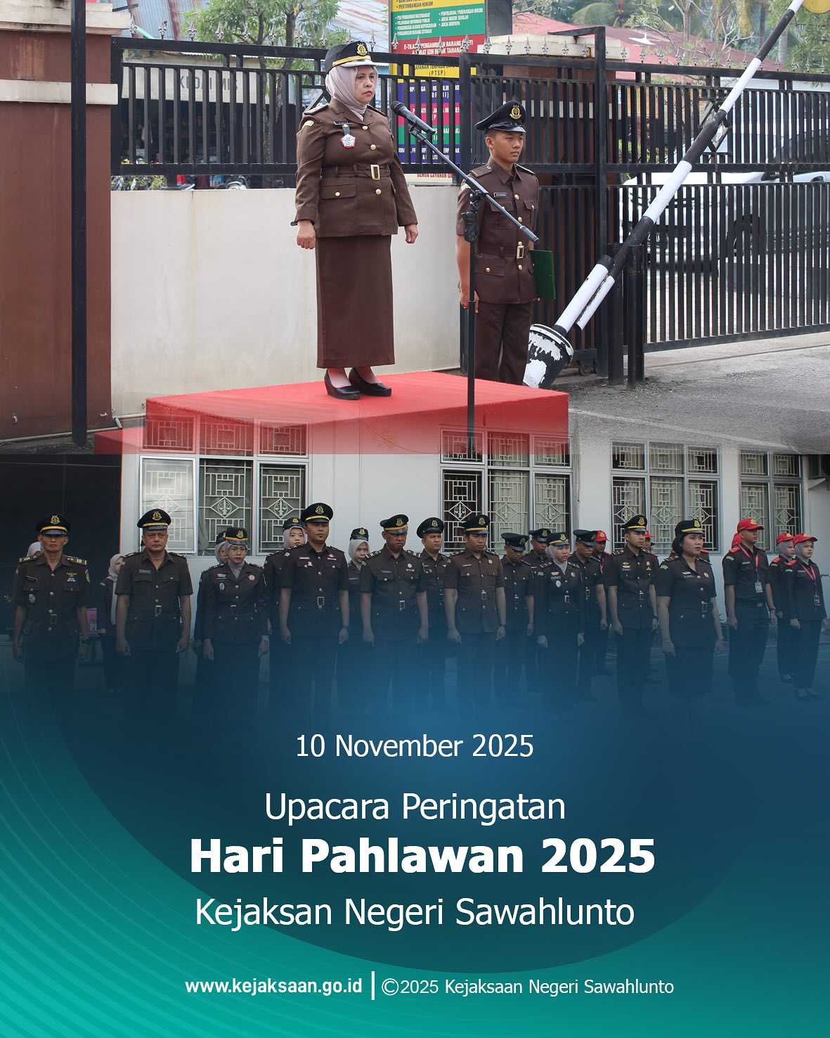 Bahwa pada hari Senin, 10 November 2025,Pukul 07.30 WIB,bertempat di Halaman Kantor Kejaksaan Negeri Sawahlunto, telah dilaksanakan Upacara Peringatan Hari Pahlawan Tahun 2025 yang dipimpin oleh Kepala Sub Bagian Pembinaan, Ibu Elnita,S.H dan diikuti oleh Seluruh Pegawai serta PPNPN Kejaksaan Negeri Sawahlunto Dengan khidmat, seluruh peserta upacara mengenang jasa para pahlawan sebagai teladan perjuangan dan pengabdian yang harus diwarisi oleh generasi penerus bangsa dalam mengisi kemerdekaan. - from Instagram