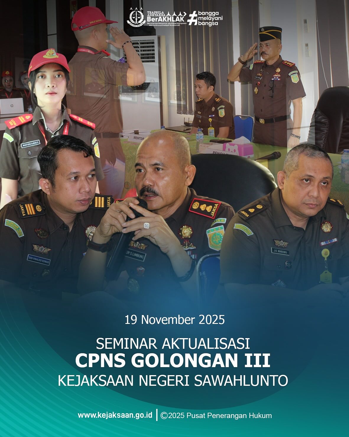 Bahwa pada Rabu tanggal 19 November 2025, bertempat di Aula Kejaksaan Negeri Sawahlunto, Kepala Kejaksaan Negeri Sawahlunto, Bapak Eddy Samrah L, S.H., M.H., Kepala Seksi Pemulihan Aset dan Pengelolaan Barang Bukti, Bapak Jovan Kurata Waruwu, S.H., M.H., Kepala Seksi Perdata dan Tata Usaha Negara, Bapak Didi Vinaldo Edwar, S.H., beserta CPNS Golongan III Kejaksaan Negeri Sawahlunto Tahun 2025 melaksanakan Kegiatan Seminar Aktualisasi.Dalam Seminar Aktualisasi, Kepala Kejaksaan Negeri Sawahlunto menjadi penguji, Kepala Seksi Pemulihan Aset dan Pengelolaan Barang Bukti dan Kepala Seksi Perdata dan Tata Usaha menjadi Mentor untuk Peserta CPNS Golongan III Kejaksaan Negeri Sawahlunto Tahun 2025 yang melakukan Seminar Aktualisasi. - from Instagram