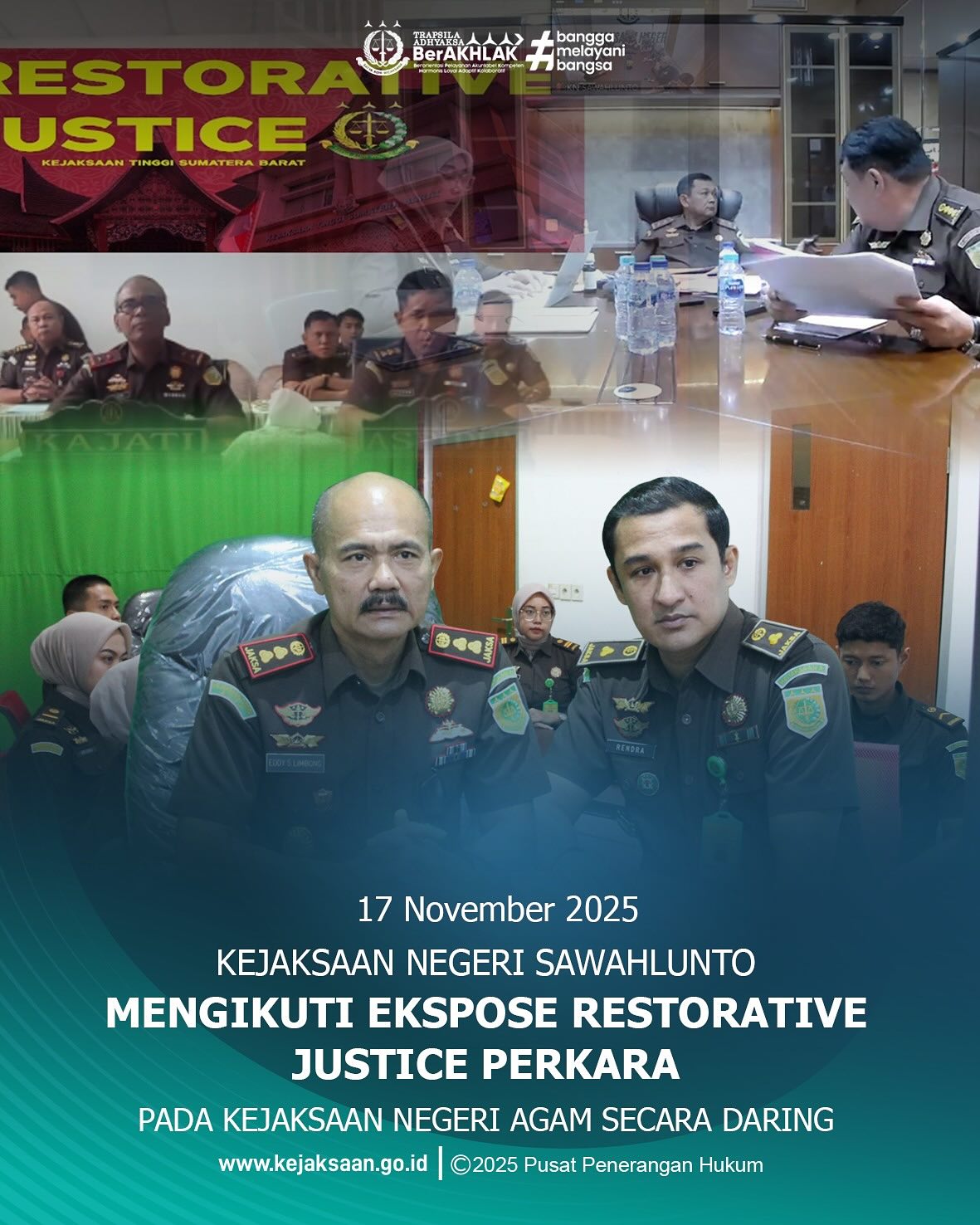 Bahwa pada Senin tanggal 17 November 2025, bertempat di Ruang Video Conference Kantor Kejaksaan Negeri Sawahlunto, Kepala Kejaksaan Negeri Sawahlunto, Bapak Eddy Samrah L, S. H., M. H., Plh. Kepala Seksi Tindak Pidana Umum, Bapak Rendra Taqwa Agusto, S. H., mengikuti Ekspose Restorative Justice Perkara Penganiayaan dari Kejaksaan Negeri Agam secara daring bersama dengan Direktur A Jampidum, Kejati Sumatera Barat beserta Kejari se-Sumatera Barat.Bahwa dari kegiatan ekspose Restorative Justice atas satu perkara Penganiayaan dari Kejaksaan Negeri Agam tersebut disetujui oleh Jaksa Agung Muda Bidang Tindak Pidana Umum. Restorative justice di Kejaksaan adalah penyelesaian perkara pidana di luar persidangan formal melalui dialog antara pelaku, korban, dan pihak terkait untuk mencapai keadilan yang memulihkan. Pendekatan ini, yang diatur dalam Peraturan Jaksa Agung Nomor 15 Tahun 2020, fokus pada pemulihan keadaan semula dan perdamaian, bukan pembalasan. - from Instagram