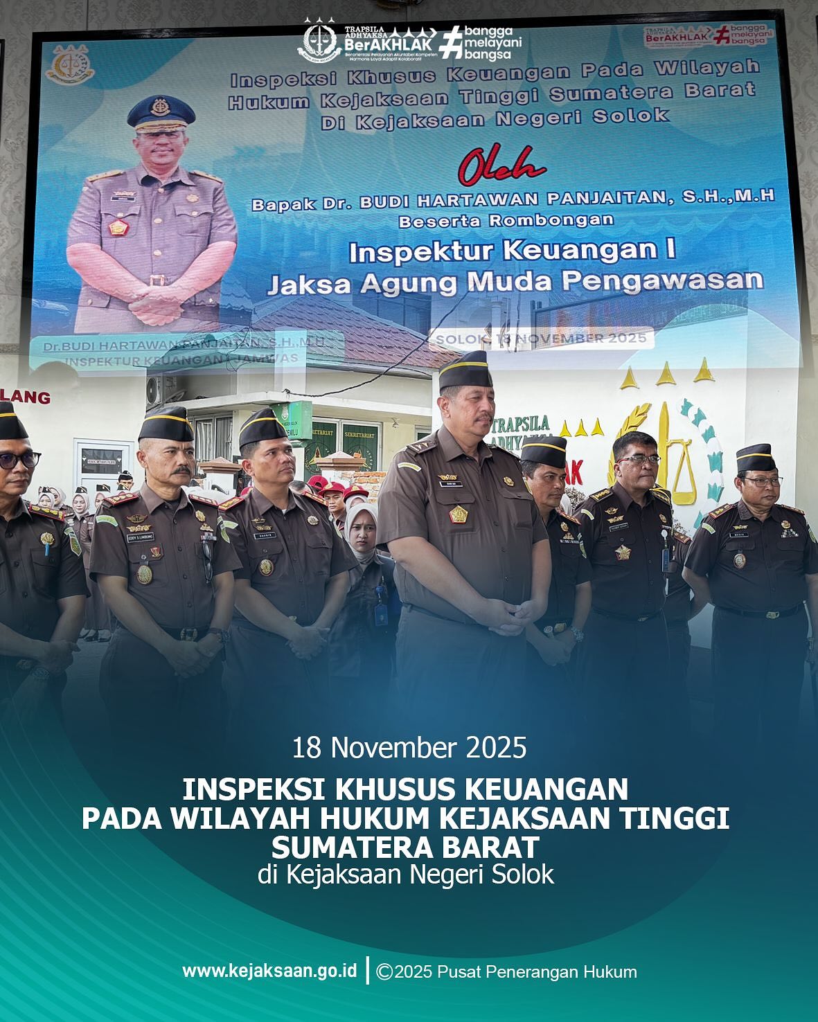 Bahwa pada Selasa tanggal 18 November 2025 sekira pukul 11.00 WIB bertempat di Kejaksaan Negeri Solok, Kepala Kejaksaan Negeri Sawahlunto, Bapak Eddy Samrah L, S.H., M.H., Para Kasi beserta jajaran Kejaksaan Negeri Sawahlunto melaksanakan Inspeksi Khusus Keuangan di Wilayah Hukum Kejaksaan Tinggi Sumatera Barat, yang dihadiri langsung oleh Inspektur Keuangan I pada Jaksa Agung Muda Bidang Pengawasan, Bapak Dr. Budi Hartawan Panjaitan, S.H., M.H. beserta rombonganBahwa inspeksi keuangan bertujuan untuk melakukan pemeriksaan terhadap realisasi belajai pegawai, belanja barang dan belanja modal, termasuk proses pengadaan barang dan jasa. Penilaian terhadap ketepatan waktu, keakuratan, dan keabsahan laporan pertanggungjawaban keuangan pada masing-masing Satuan Kerja.Bahwa inspeksi ini menunjukkan komitmen Kejaksaan Agung dalam menjaga integritas dan akuntabilitas internal, yang dapat meningkatkan kepercayaan masyarakat terhadap lembaga Kejaksaan. - from Instagram