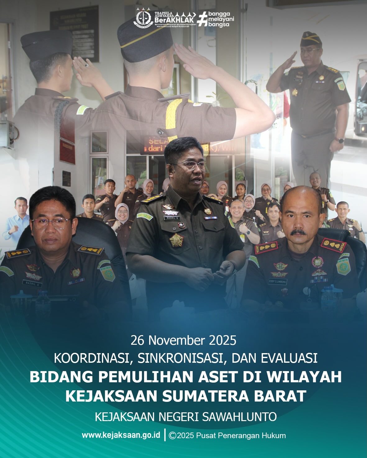 Bahwa pada Rabu tanggal 26 November 2025 sekira pukul 09.00 Wib bertempat di Kantor Kejaksaan Negeri Sawahlunto, Asisten Pemulihan Aset Kejaksaan Tinggi Sumatera Barat, Bapak Basril G, S.H., M.H., beserta rombongan melakukan Kegiataan Koordinasi, Sinkronisasi, dan Evaluasi Bidang Pemulihan Aset di Kejaksaan Negeri Sawahlunto. Rombongan disambut langsung oleh Kepala Kejaksaan Negeri Sawahlunto, Bapak Eddy Samrah L, S.H., M.H., beserta Para Kasi, Pejabat Struktural lainnya serta seluruh Pegawai Kejaksaan Negeri Sawahlunto. Bahwa kegiatan tersebut dalam rangka meningkatkan efektivitas pelaksanaan tugas pemulihan aset, Kejaksaan Tinggi Sumatera Barat melaksanakan kegiatan Koordinasi, Sinkronisasi, dan Evaluasi di Kejaksaan Negeri dan Cabang Kejaksaan Negeri di wilayah hukum Kejaksaan Tinggi Sumatera Barat.Dengan komitmen yang kuat, Pemulihan Aset Kejaksaan Tinggi Sumatera Barat terus bersinergi untuk mewujudkan penegakan hukum yang transparan, profesional, dan berintegritas. - from Instagram