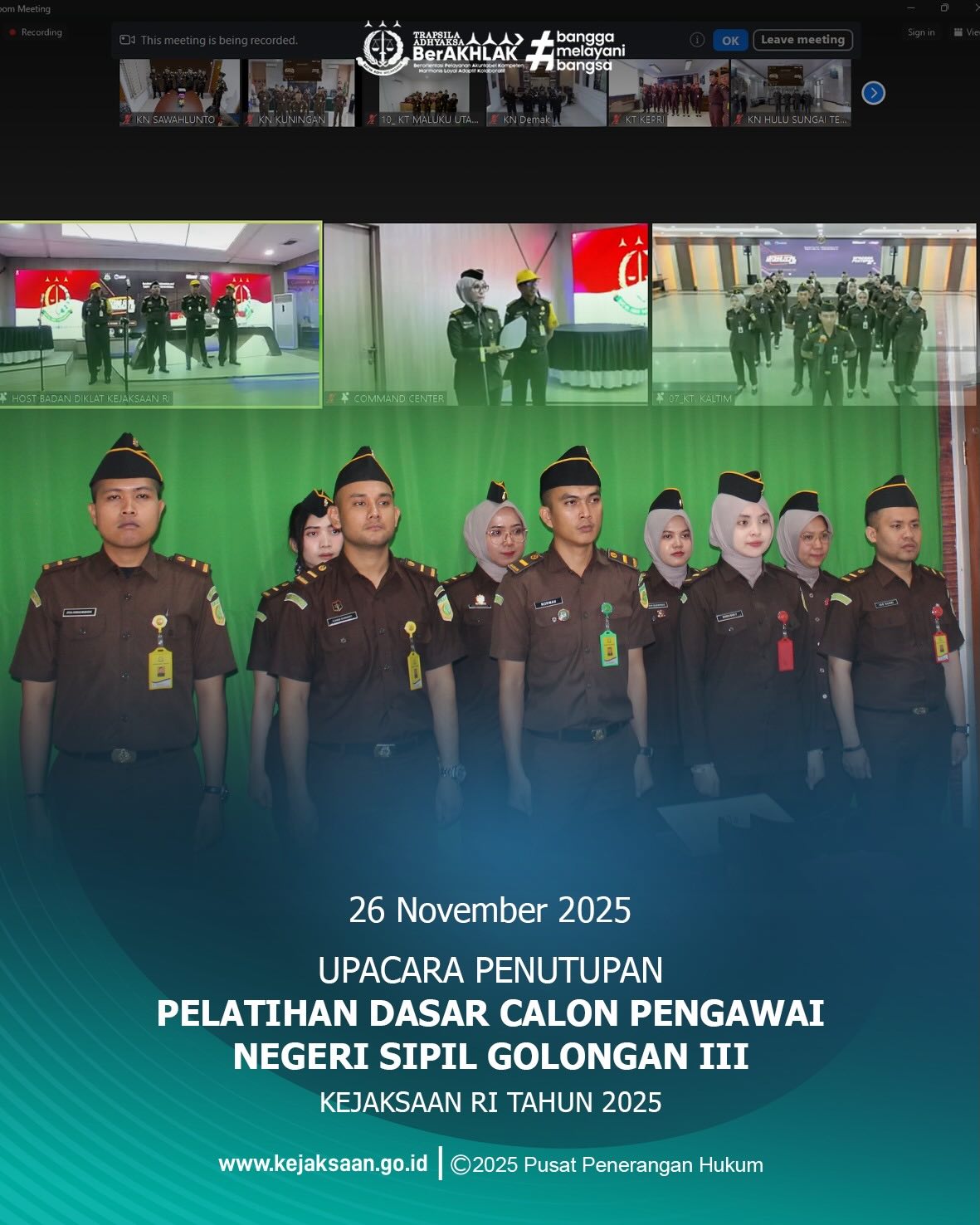 Bahwa pada Rabu tanggal 26 November 2025, Pukul 09.00 Wib bertempat di Ruang Video Conference Kantor Kejaksaan Negeri Sawahlunto, telah dilaksanakan Upacara Penutupan Pelatihan Dasar Calon Pegawai Negeri Sipil Golongan III Kejaksaan RI Tahun 2025 yang diikuti secara daring oleh Plh. Kepala Sub Bagian Pembinaan Kejaksaan Negeri Sawahlunto, Bapak Suardi Yulanda, S.H., beserta seluruh Calon Pegawai Negeri Sipil Golongan III Kejaksaan Negeri Sawahlunto.Bahwa Penutupan Latsar ini dipimpin oleh Sekretaris Badan Diklat Kejaksan RI yang dalam arahannya, beliau berharap agar para CPNS yang telah menyelesaikan pelatihan dasar dapat menjadi ASN dan Penegakan Hukum yang BerAKHLAK, Profesional, serta Mampu menjadi Kebanggaan bagi orang tua dan Institusi Kejaksaan, dengan selesainya Latsar ini para CPNS Gol III diharapkan siap mengemban tugas dan tanggung jawab di Lingkungan Kejaksaan RI. - from Instagram