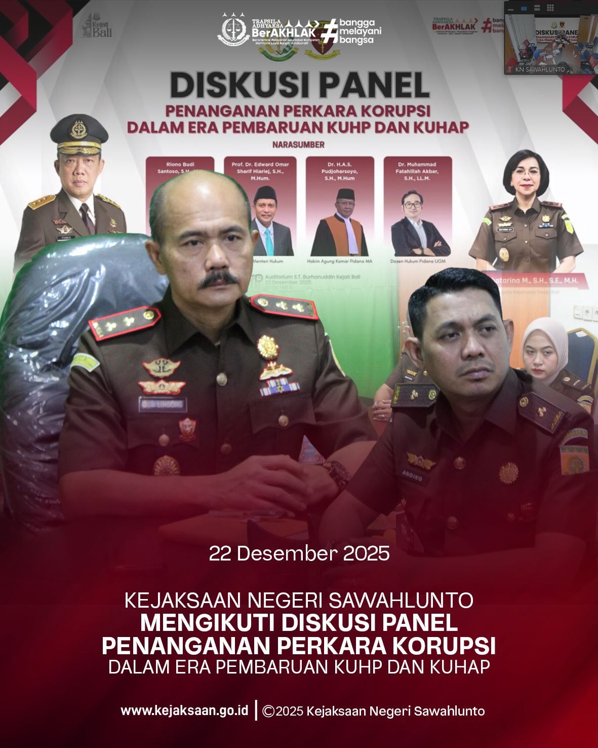 Bahwa pada Senin tanggal 22 Desember 2025, Pukul 09.00 Wib, bertempat di Ruang Video Conference Kantor Kejaksaan Negeri Sawahlunto, Kepala Kejaksaan Negeri Sawahlunto, Bapak Eddy Samrah L, S.H., M.H., bersama Kepala Seksi Tindak Pidana Khusus, Bapak Andiko, S.H., M.H., beserta Jaksa Fungsional dan Staff Bidang Tindak Pidana Khusus Kejaksaan Negeri Sawahlunto, mengikuti Diskusi Panel Penanganan Perkara Korupsi dalam Era Pembaruan KUHP dan KUHAP secara daring melalui Zoom Meeting yang diadakan oleh Kejaksaan Agung RI.Komitmen terhadap penegakan hukum yang berkeadilan terus diperkuat seiring pembaruan Kitab Undang-Undang Hukum Pidana (KUHP) dan Kitab Undang-Undang Hukum Acara Pidana (KUHAP).Pembaruan regulasi ini menjadi momentum penting dalam meningkatkan efektivitas penanganan perkara tindak pidana korupsi, dengan tetap menjunjung tinggi prinsip kepastian hukum, keadilan, dan kemanfaatan bagi masyarakat.Melalui pemahaman yang komprehensif terhadap perubahan hukum, diharapkan aparat penegak hukum mampu menjalankan tugas secara profesional, transparan, dan akuntabel demi terwujudnya supremasi hukum yang bersih dan berintegritas. - from Instagram