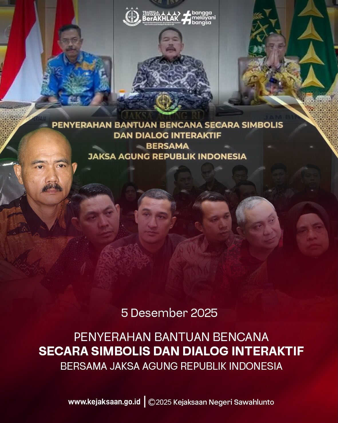 Bahwa pada Jum'at tanggal 5 Desember 2025, Pukul 10.00 Wib, bertempat di Ruang Video Conference Kantor Kejaksaan Negeri Sawahlunto, Kepala Kejaksaan Negeri Sawahlunto, Bapak Eddy Samrah L, S.H., M.H., beserta Para Kasi dan Kasubbag serta seluruh Pegawai pada Kejaksaan Negeri Sawahlunto mengikuti Penyerahan Bantuan Bencana Secara Simbolis dan Dialog Interaktif bersama Jaksa Agung Republik Indonesia secara daring.Jaksa Agung Republik Indonesia menyampaikan rasa duka cita dan keprihatinan yang mendalam kepada seluruh keluarga besar Adhyaksa yang terdampak bencana di wilayah hukum Kejaksaan Tinggi Sumatera Barat, Kejaksaan Tinggi Sumatera Utara, dan Kejaksaan Tinggi Aceh. Beliau menegaskan bahwa bencana yang terjadi merupakan ketetapan Tuhan, dan sebagai manusia kita wajib bersabar serta saling menguatkan dalam menghadapi cobaan ini.Di wilayah yang terdampak bencana dampak yang sangat dirasakan yaitu Pemadaman listrik terjadi hampir setiap hari, pasokan BBM mengalami kelangkaan, dan banjir besar merendam rumah dinas serta kendaraan operasional.Menindaklanjuti seluruh kondisi ini, Jaksa Agung menyatakan bahwa pihaknya akan segera berkoordinasi dengan Pertamina dan PLN untuk memastikan pemulihan energi dan pasokan BBM dapat berjalan lancar. Dukungan menyeluruh akan terus diupayakan agar seluruh satuan kerja di daerah terdampak dapat segera bangkit dan kembali menjalankan tugas penegakan hukum serta pelayanan publik secara optimal. - from Instagram