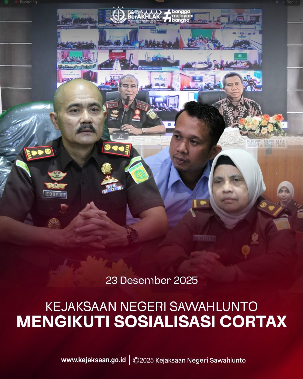 Bahwa pada Selasa tanggal 23 Desember 2025, Pukul 14.00 Wib, bertempat di Ruang Video Conference Kantor Kejaksaan Negeri Sawahlunto, Kepala Kejaksaan Negeri Sawahlunto, Bapak Eddy Samrah L, S.H., M.H., bersama Kepala Seksi Perdata dan Tata Usaha, Bapak Didi Vinaldo Edwar, S.H., dan Kepala Sub Bagian Pembinaan, Ibu Elnita, S.H., beserta Staff Kejaksaan Negeri Sawahlunto, mengikuti Sosialisasi Cortax secara daring melalui Zoom Meeting.Kejaksaan Tinggi Sumatera Barat menyelenggarakan kegiatan Sosialisasi Coretax System sebagai upaya mendukung optimalisasi administrasi perpajakan yang transparan, akuntabel, dan berbasis digital.Melalui kegiatan ini, peserta diberikan pemahaman mengenai mekanisme serta implementasi Coretax System guna meningkatkan kepatuhan pajak dan memperkuat sinergi antarinstansi dalam mendukung pembangunan nasional.Sosialisasi ini diharapkan dapat menjadi langkah strategis dalam mewujudkan tata kelola keuangan negara yang efektif, efisien, dan berintegritas. - from Instagram
