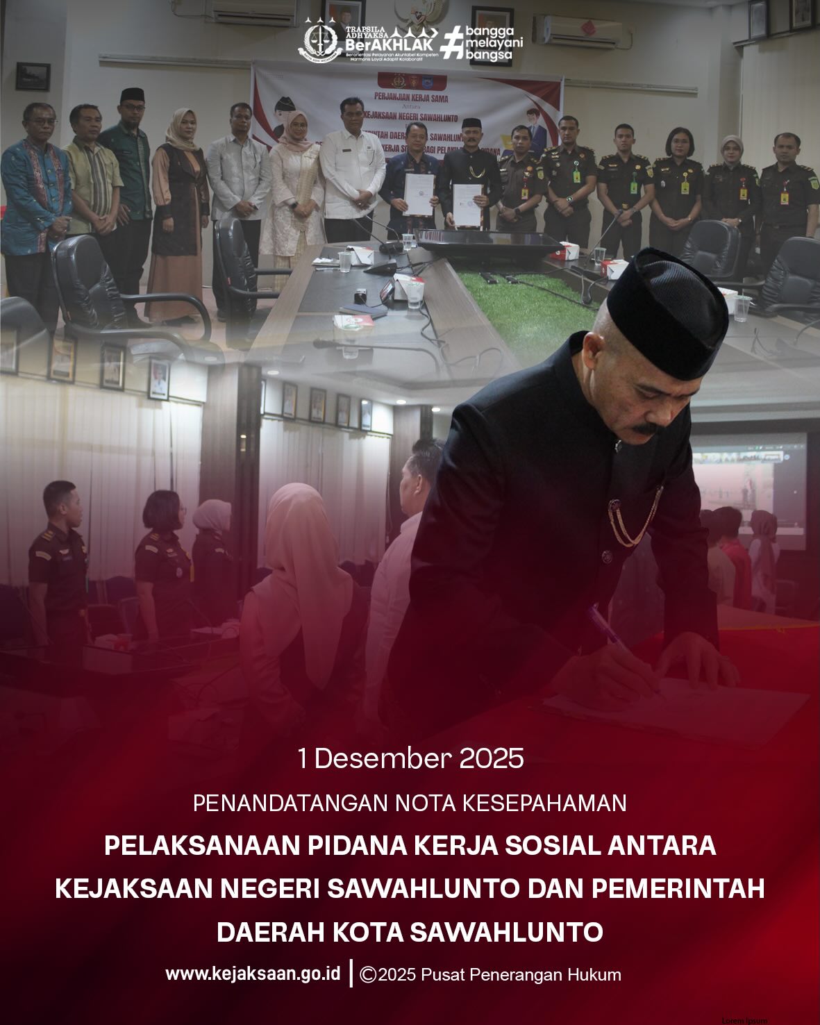 Bahwa pada Senin tanggal 1 Desember 2025, Pukul 10.00 Wib, bertempat di Ruang Rapat M. Yamin, Kepala Kejaksaan Negeri Sawahlunto, Bapak Eddy Samrah L, S.H., M.H., didampingi Kepala Seksi Tindak Pidana Umum, Bapak Adhi Putra Graha, S.H., dan Kepala Seksi Intelijen Kejaksaan Negeri Sawahlunto, Bapak Rendra Taqwa Agusto, S.H., beserta jajaran Kejaksaan Negeri Sawahlunto mengikuti Penandatangan Nota Kesepahaman dalam Pelaksanaan Pidana Kerja Sosial antara Kepala Kejaksaan Tinggi Sumatera Barat dengan Gubernur Sumatera Barat dan Kepala Kejaksaan Negeri Se-Sumatera Barat dengan Bupati/Walikota Se-Sumatera Barat.Bahwa Penandatangan Nota Kesepahaman merupakan Kolaborasi wujud kesiapan menghadapi berlakunya KUHP Nasional pada 2 Januari 2026 sebagai langkah nyata menuju sistem Penegakan Hukum yang lebih edukatif dan keadilan.Menuju Penegakan Hukum yang lebih Progresif dan Bermartabat. - from Instagram
