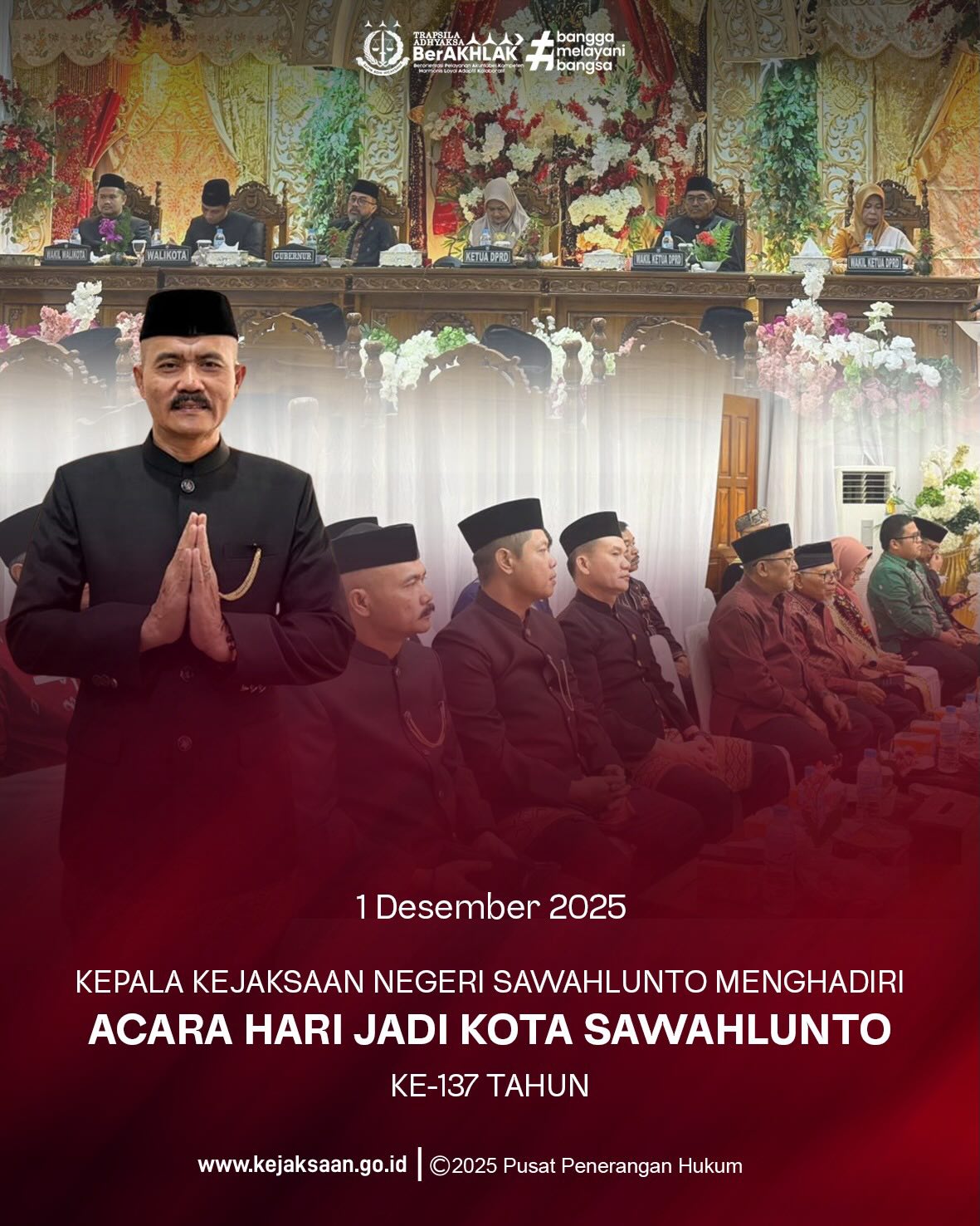Bahwa pada Senin tanggal 1 Desember 2025, pukul 09.00 Wib, bertempat di Kantor DPRD Kota Sawahlunto, Kepala Kejaksaan Negeri Sawahlunto, Bapak Eddy Samrah L, S.H., M.H., mengikuti Peringatan Hari Jadi Kota Sawahlunto Ke-137 Tahun.Selamat Hari Jadi Kota Sawahlunto ke-137. Kota kuali yang menyimpan sejarah besar, tempat warisan budaya, perjuangan, dan kebersamaan tumbuh menyatu menjadi identitas yang tak tergantikan.Di usia yang ke-137 tahun ini, Sawahlunto terus bergerak maju membangun dengan semangat gotong royong, menjaga nilai sejarah, dan menatap masa depan yang lebih cerah. Semoga Sawahlunto semakin berkembang menjadi kota yang aman, berbudaya, dan sejahtera bagi seluruh masyarakatnya. - from Instagram