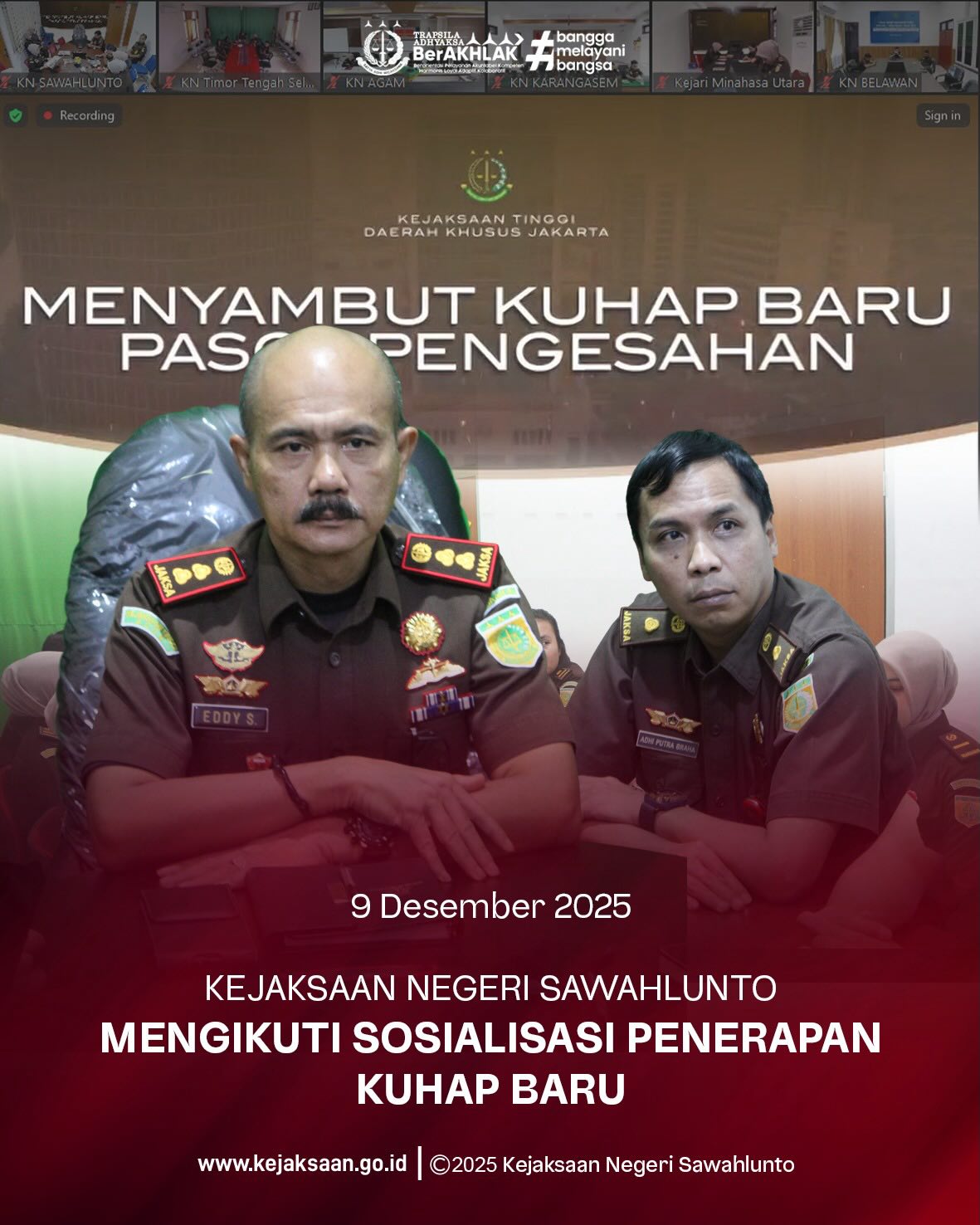 Bahwa pada Selasa tanggal 9 Desember 2025, Pukul 09.30 Wib, bertempat di Ruang Video Conference Kantor Kejaksaan Negeri Sawahlunto, Kepala Kejaksaan Negeri Sawahlunto, Bapak Eddy Samrah L, S.H., M.H., didampingi Kepala Seksi Tindak Pidana Umum, Bapak Adhi Putra Graha, S.H., beserta Para Kasubsi, dan Jaksa Fungsional, beserta Staff Kejaksaan Negeri Sawahlunto, mengikuti Sosialisasi Penerapan KUHAP Baru secara Daring.Kejaksaan Republik Indonesia melaksanakan kegiatan Sosialisasi Penerapan KUHAP Baru yang diikuti oleh jajaran Kejaksaan di seluruh Indonesia secara daring melalui Zoom Meeting. Kegiatan ini menjadi langkah strategis dalam meningkatkan pemahaman aparat penegak hukum terhadap perubahan mekanisme dan prosedur hukum acara pidana yang berlaku.Melalui kegiatan ini, diharapkan seluruh jajaran Kejaksaan mampu mengimplementasikan ketentuan KUHAP Baru secara profesional, akuntabel, dan berintegritas, sehingga pelayanan hukum kepada masyarakat dapat berjalan lebih optimal, transparan, dan berkeadilan.Sosialisasi ini juga menjadi wujud komitmen Kejaksaan dalam memperkuat kualitas penegakan hukum serta meningkatkan kepercayaan publik terhadap institusi penegak hukum di Indonesia. - from Instagram