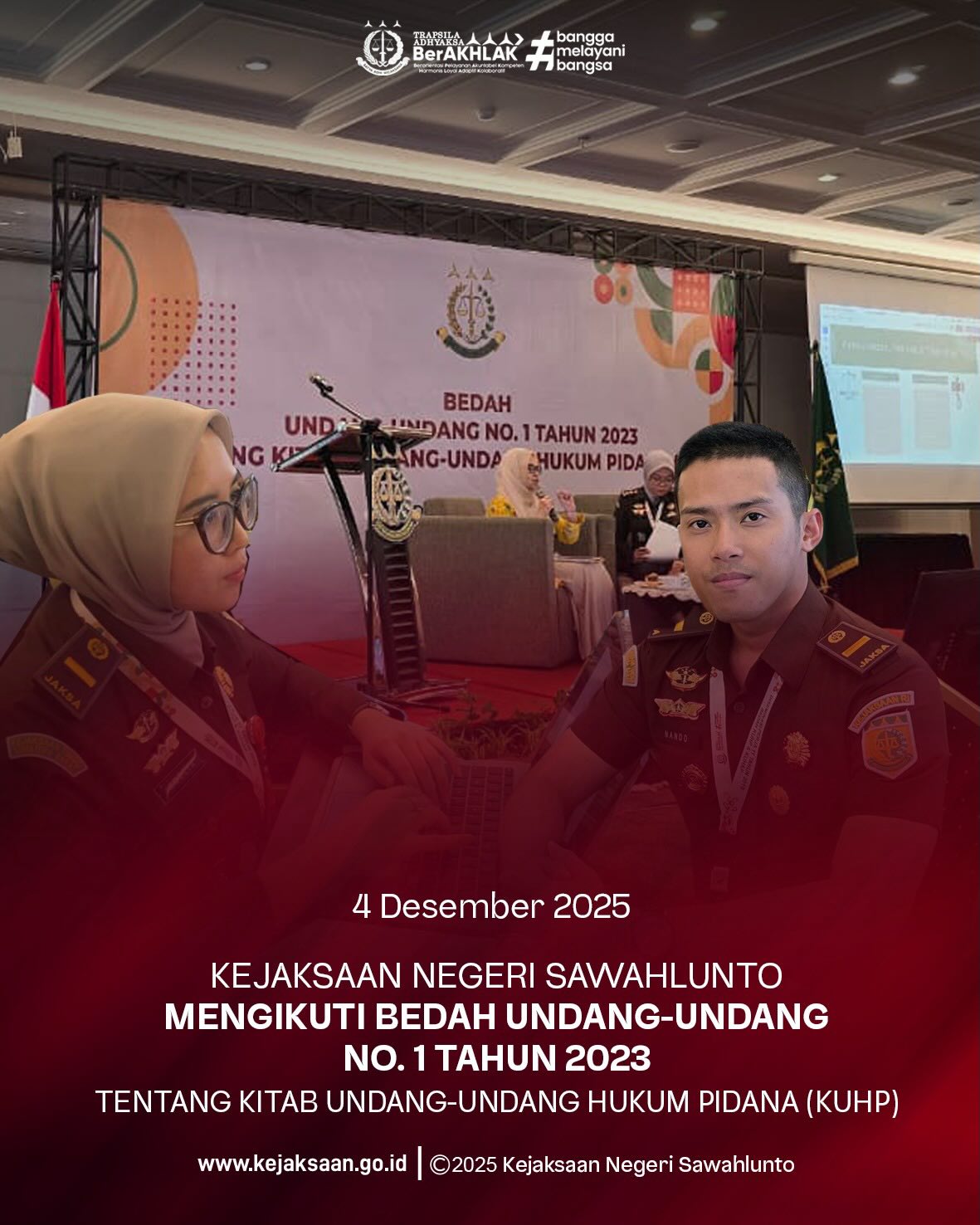Bahwa pada Kamis, tanggal 4 Desember 2025, Pukul 08.00 Wib, bertempat di The ZHM Premier Padang, Kasubsi Perdata dan Tata Usaha Negara, Ibu Amelia Maharani Harley, S.H., dan Jaksa Fungsional, Bapak Bayu Kresna Fernando Demoswa, S.H., mengikuti Bedah Undang-Undang No.1 Tahun 2023 Tentang Kitab Undang-Undang Hukum Pidana (KUHP) pada hari ke 2.Bahwa Mendukung peningkatan kompetensi dan profesionalisme Aparat Penegak Hukum, Kejaksaan Tinggi Sumatera Barat menggelar Diseminasi Perja Nomor 11 Tahun 2019 tentang Manajemen Karier Pegawai Kejaksaan RI serta Bedah UU Nomor 1 Tahun 2023 tentang KUHP dan KUHAP.Kegiatan dilaksanakan secara luring dan daring pada 3–4 Desember 2025, diikuti oleh seluruh jajaran Kejaksaan Negeri dan Cabjari se-Sumatera Barat.Melalui kegiatan ini, diharapkan seluruh Jaksa semakin siap menghadapi penerapan KUHP dan KUHAP terbaru yang mulai berlaku tahun 2026, serta memahami manajemen karier yang profesional, transparan, dan berintegritas. - from Instagram