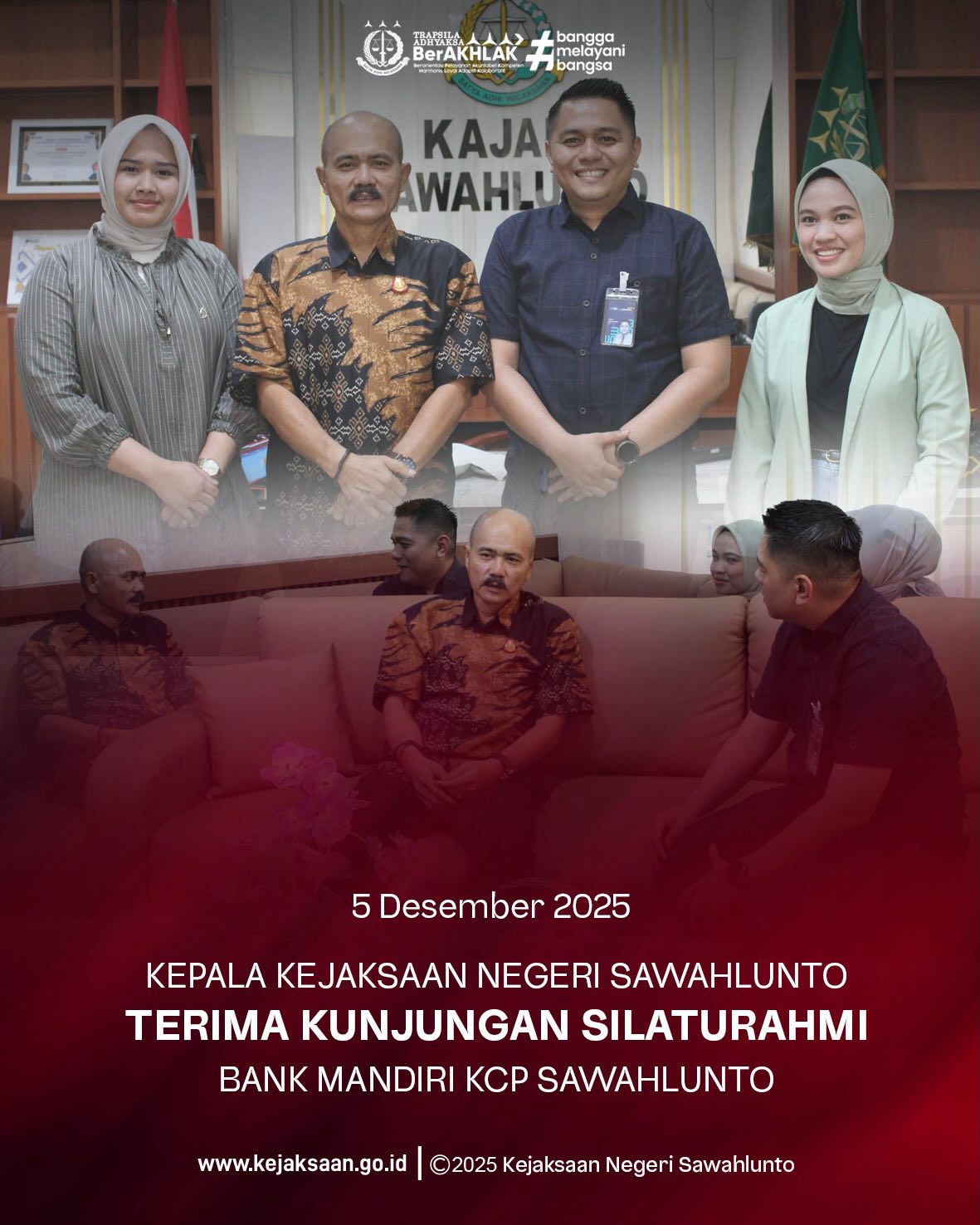 Bahwa pada Jum'at tanggal 5 Desember 2025, Pukul 14.30 Wib, bertempat di Ruang Kantor Kejaksaan Negeri Sawahlunto, Kepala Kejaksaan Negeri Sawahlunto, Bapak Eddy Samrah L, S.H., M.H. menerima kunjungan silaturahmi dari Bank Mandiri KCP Kota Sawahlunto. Kunjungan silaturahmi ini berjalan dalam suasana hangat dan penuh keakraban, serta diharapkan dapat mempererat hubungan antara Instansi Kejaksaan Negeri Sawahlunto dan Bank Mandiri, demi tercapainya tujuan bersama untuk kemajuan serta kesejahteraan masyarakat di Kota Sawahlunto. - from Instagram