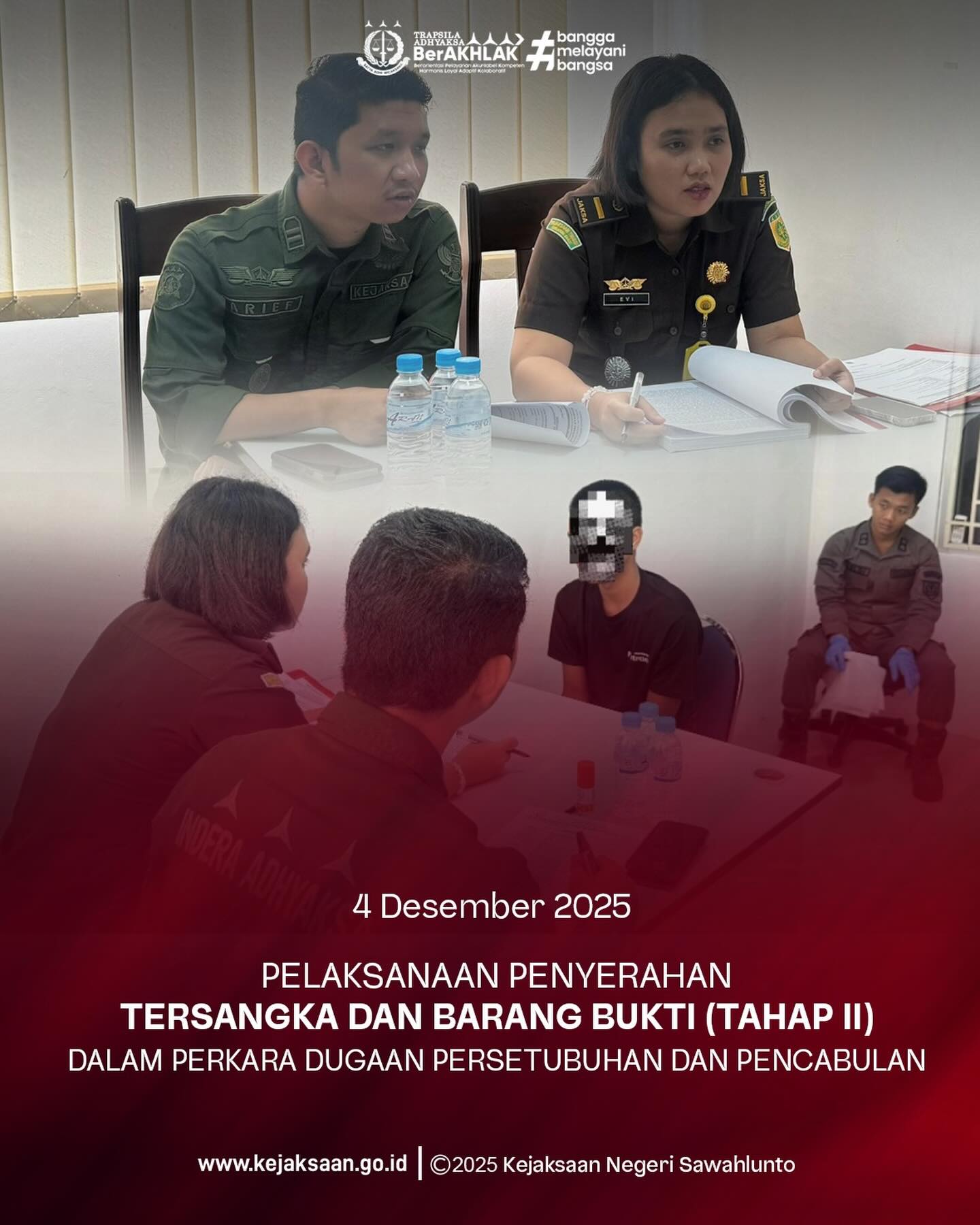 Bahwa pada Kamis tanggal 4 Desember 2025, Pukul 11.00 Wib, bertempat di Ruang Pemeriksaan Tahap II telah dilaksanakan Pelaksanaan Penyerahan Tersangka dan Barang Bukti (Tahap II) dalam Perkara Dugaan Tindak Pidana Persetubuhan dan Pencabulan. - from Instagram