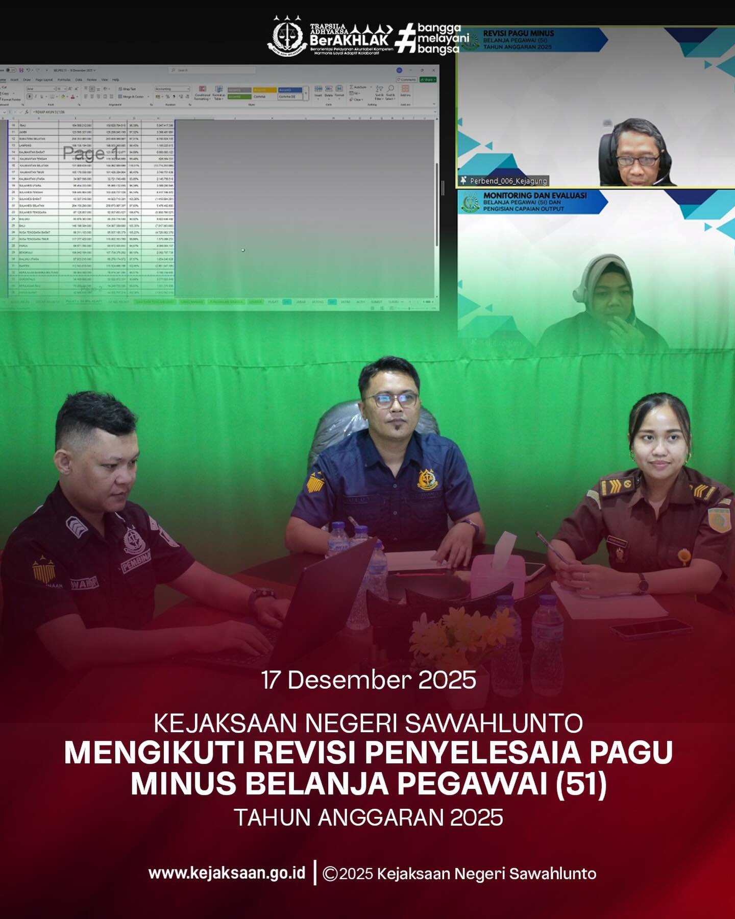 Bahwa pada Rabu tanggal 17 Desember 2025, Pukul 08.30 Wib, bertempat di Ruang Video Conference Kantor Kejaksaan Negeri Sawahlunto, Para Pegawai Keuangan Kejaksaan Negeri Sawahlunto Mengikuti Revisi Penyelesaian Pagu Minus Belanja Pegawai (51) Tahun Anggaran 2025 Secara Daring melalui Zoom Meeting.Dalam rangka menindaklanjuti hasil monitoring dan evaluasi belanja pegawai Kejaksaan Republik Indonesia melalui aplikasi OM SPAN per 15 Desember 2025, dilaksanakan kegiatan koordinasi secara virtual guna penyusunan kebutuhan belanja pegawai pada satuan kerja di masing-masing wilayah hukum.Kegiatan ini bertujuan untuk mendukung efektivitas penyelesaian pagu minus Belanja Pegawai (51) Tahun Anggaran 2025 dengan menyiapkan data kebutuhan belanja secara akurat dan sesuai ketentuan.Melalui sinergi dan koordinasi yang baik, diharapkan pengelolaan anggaran dapat berjalan lebih tertib, transparan, dan akuntabel. - from Instagram