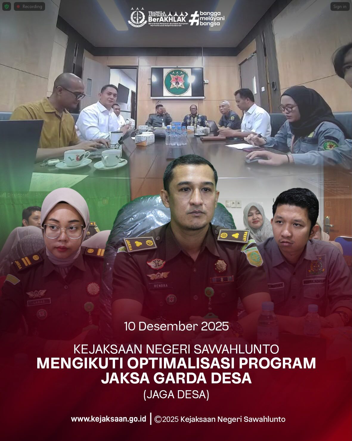 Bahwa pada Rabu tanggal 10 Desember 2025, Pukul 09.00 Wib, bertempat di Ruang Video Conference Kantor Kejaksaan Negeri Sawahlunto, Kepala Seksi Intelijen Kejaksaan Negeri Sawahlunto, Bapak Rendra Taqwa Agusto, S.H., didampingi Kasubsi I Bidang Intelijen Kejaksaan Negeri Sawahlunto, Bapak Arief Hidayat, S.H., Kasubsi II Bidang Intelijen Kejaksaan Negeri Sawahlunto, Ibu Laras Iga Mawarni, S.H., beserta Staff Bidang Intelijen Kejaksaan Negeri Sawahlunto, mengikuti Optimalisasi Program Jaksa Garda Desa (JAGA Desa).Bahwa kegiatan ini dihadiri oleh Inspektur pada Inspektorat Kota Sawahlunto, Kabid Pemdes pada Dinas Sosial Kota Sawahlunto dan Ketua Persatuan Anggota Pabpdsi Kota Sawahlunto.Kejaksaan Republik Indonesia terus memperkuat komitmen dalam mendukung tata kelola pemerintahan desa yang bersih, transparan, dan akuntabel melalui Program Jaksa Garda Desa (JAGA Desa). Kegiatan Rapat Pembentukan Tim Penilai serta Sosialisasi Lomba Tertib Pengelolaan Keuangan Desa, Kepatuhan Entri Data Aplikasi Real Time Monitoring Village Management Funding (JAGA Desa), serta Lomba Film Pendek Jaksa Garda Desa menjadi langkah strategis dalam mendorong budaya tertib administrasi dan akuntabilitas pengelolaan keuangan desa.Melalui sinergi antara aparat penegak hukum, pemerintah daerah, serta para pemangku kepentingan desa, diharapkan terwujud desa yang berintegritas, profesional, dan berdaya saing dalam mendukung pembangunan nasional. Momentum ini sekaligus menjadi bagian dari persiapan menyambut Hari Desa Nasional 2026, sebagai bentuk nyata komitmen bersama dalam mewujudkan desa yang maju, mandiri, dan sejahtera.Kejaksaan hadir sebagai mitra strategis desa, mengawal pembangunan agar berjalan sesuai aturan, tepat sasaran, dan bermanfaat bagi masyarakat. Bersama kita jaga desa, kita bangun Indonesia dari pinggiran. - from Instagram