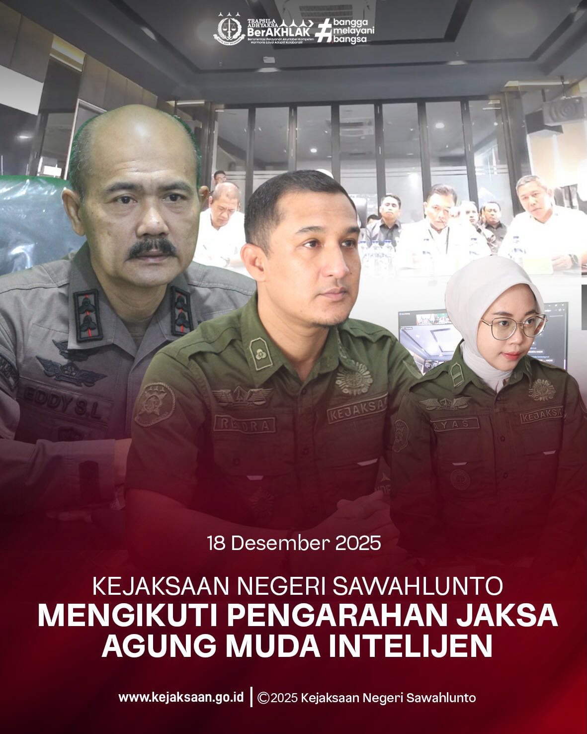 Bahwa pada Kamis tanggal 18 Desember 2025, Pukul 09.00 Wib, Bertempat di Ruang Video Conference Kantor Kejaksaan Negeri Sawahlunto, Kepala Kejaksaan Negeri Sawahlunto, Bapak Eddy Samrah L, S.H., M.H., bersama Kepala Seksi Intelijen Kejaksaan Negeri Sawahlunto, Bapak Rendra Taqwa Agusto, S.H., Kepala Seksi Tindak Pidana Umum Kejaksaan Negeri Sawahlunto, Bapak Adhi Putra Graha, S.H., Kasubsi II Bidang Intelijen Kejaksan Negeri Sawahlunto Beserta Staff Bidang Intelijen Kejaksaan Negeri Sawahlunto, mengikuti Mengikuti Pengarahan Jaksa Agung Muda Intelijen. Telah dilaksanakan kegiatan Rapat Virtual Jam Intel sebagai bentuk koordinasi dan penguatan pelaksanaan tugas intelijen kejaksaan. Kegiatan ini bertujuan untuk menyamakan persepsi, meningkatkan sinergi, serta mendukung optimalisasi kinerja intelijen dalam menghadapi dinamika dan tantangan penegakan hukum ke depan.Melalui rapat virtual ini, diharapkan tercipta komunikasi yang efektif serta langkah strategis yang selaras demi mewujudkan penegakan hukum yang profesional, berintegritas, dan berkeadilan. - from Instagram
