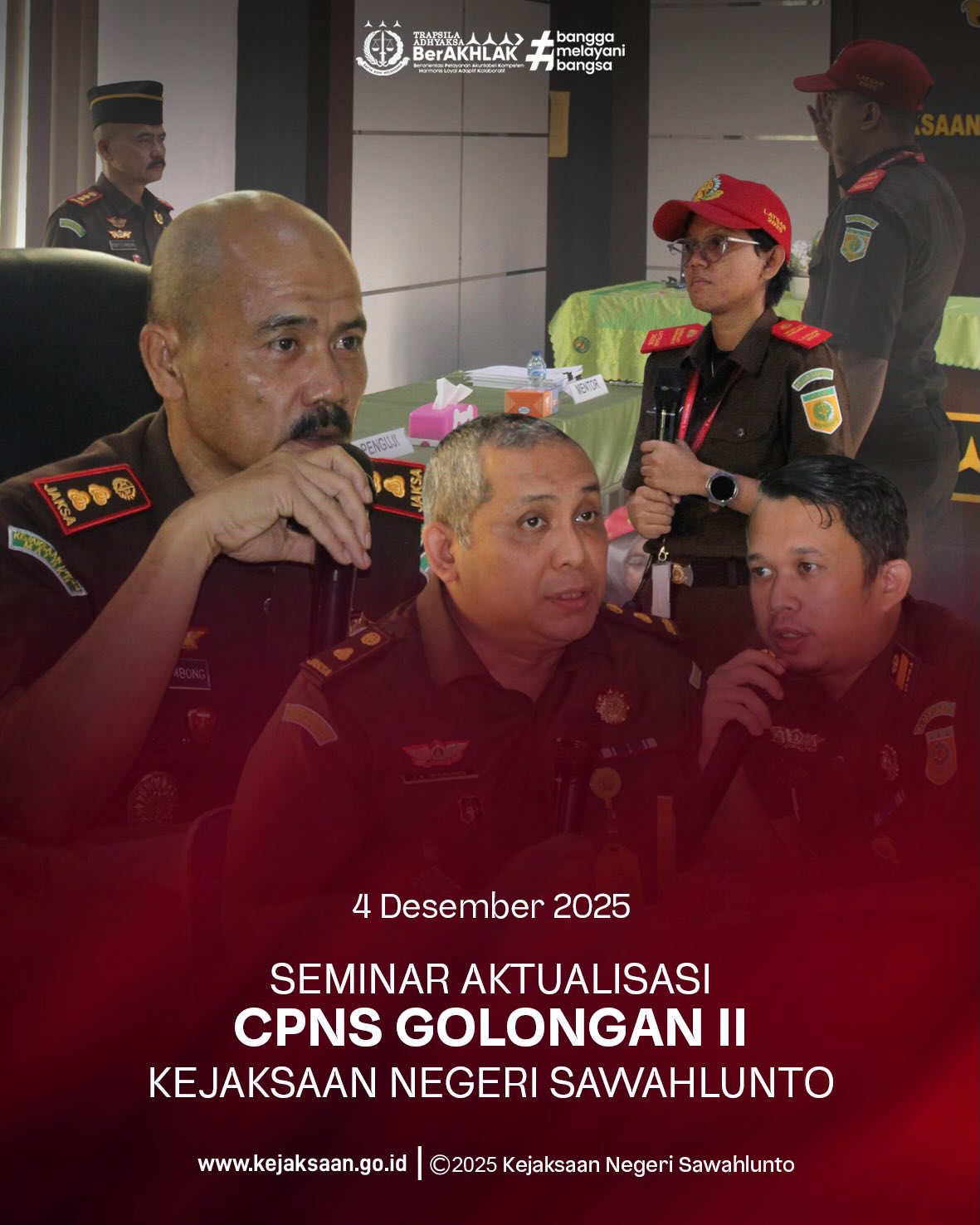 Bahwa pada Kamis tanggal 4 Desember 2025, bertempat di Aula Kejaksaan Negeri Sawahlunto, Kepala Kejaksaan Negeri Sawahlunto, Bapak Eddy Samrah L, S.H., M.H., Kepala Seksi Pemulihan Aset dan Pengelolaan Barang Bukti, Bapak Jovan Kurata Waruwu, S.H., M.H., Kepala Seksi Perdata dan Tata Usaha Negara, Bapak Didi Vinaldo Edwar, S.H., beserta CPNS Golongan II Kejaksaan Negeri Sawahlunto Tahun 2025 melaksanakan Kegiatan Seminar Aktualisasi.Dalam Seminar Aktualisasi, Kepala Kejaksaan Negeri Sawahlunto menjadi penguji, Kepala Seksi Pemulihan Aset dan Pengelolaan Barang Bukti dan Kepala Seksi Perdata dan Tata Usaha menjadi Mentor untuk Peserta CPNS Golongan III Kejaksaan Negeri Sawahlunto Tahun 2025 yang melakukan Seminar Aktualisasi. - from Instagram