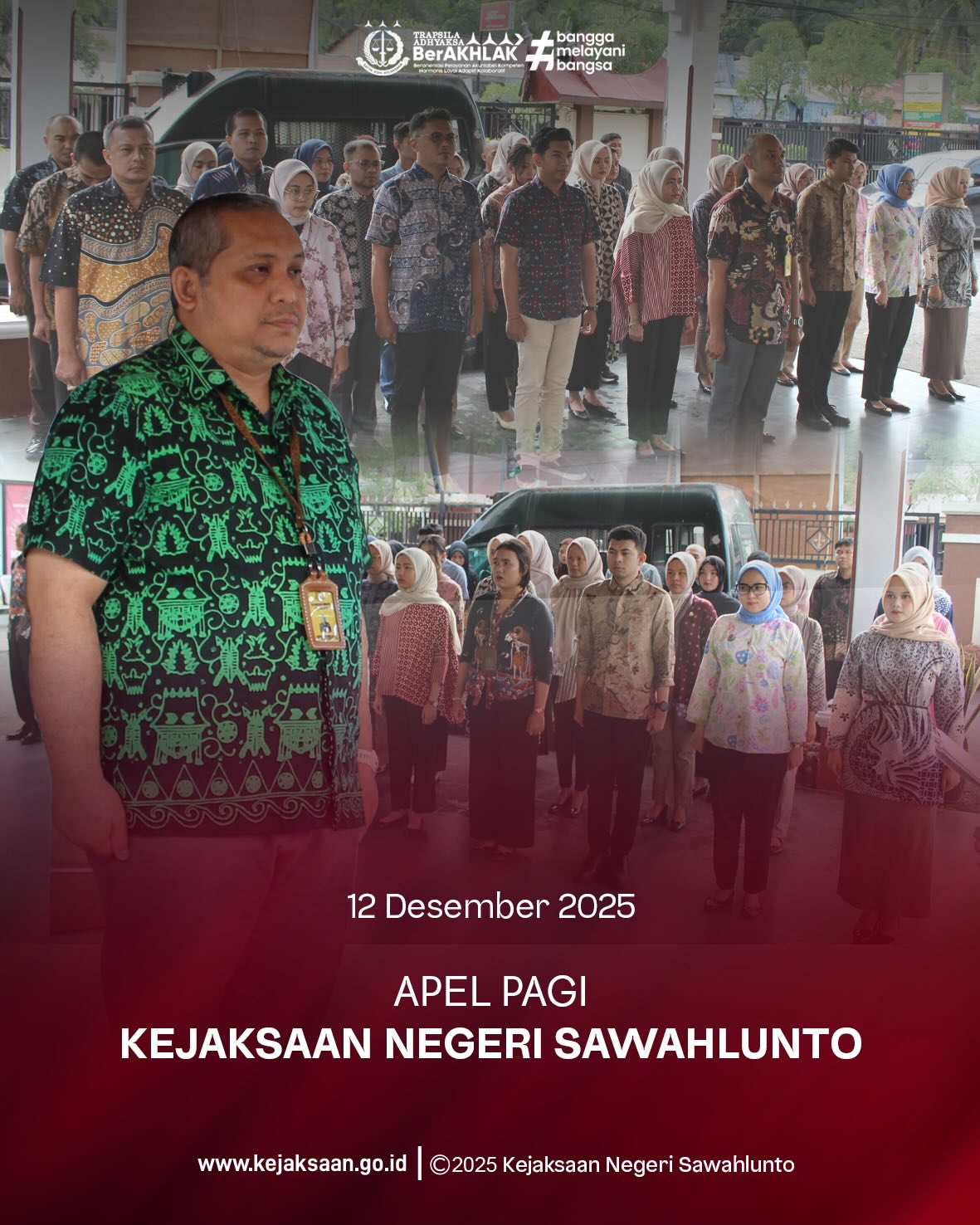 Bahwa pada Jumat tanggal 12 Desember 2025, Pukul 07.30 WIB, bertempat di Halaman Kejaksaan Negeri Sawahlunto, telah dilaksanakan Apel Pagi yang dipimpin oleh Kepala Seksi Pemulihan Aset dan Pengelolaan Barang Bukti, Bapak Jovan Kurata Waruwu, S. H., M. H., memimpin Apel Pagi, dan diikuti oleh seluruh Pegawai serta PPNPN Kejaksaan Negeri Sawahlunto.Bahwa Kepala Seksi Pemulihan Aset dan Pengelolaan Barang Bukti memberikan arahan mengenai kedisiplinan, profesionalitas, menjaga integritas, dan kehormatan Kejaksaan bagi Pegawai Kejaksaan Negeri Sawahlunto.Apel pagi merupakan kegiatan rutin dan kewajiban setiap ASN untuk memperkuat disiplin, menumbuhkan semangat kerja, serta meningkatkan komitmen seluruh pegawai dalam memberikan pelayanan terbaik kepada masyarakat.Kejaksaan Negeri Sawahlunto terus berkomitmen untuk memberikan pelayanan hukum yang optimal kepada masyarakat melalui kerja yang berorientasi pada integritas, akuntabilitas, dan kinerja yang berkeadilan. - from Instagram