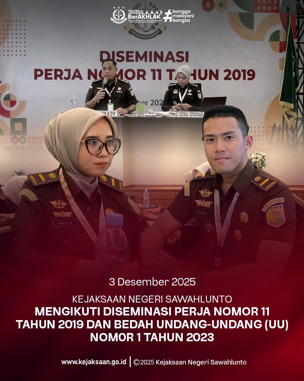 Bahwa pada Rabu, tanggal 3 Desember 2025, Pukul 14.00 Wib, bertempat di The ZHM Premier Padang, Kasubsi Perdata dan Tata Usaha Negara, Ibu Amelia Maharani Harley, S.H., dan Jaksa Fungsional, Bapak Bayu Kresna Fernando Demoswa, S.H., Mengikuti Diseminasi Perja Nomor 11 Tahun 2019 dan Bedah Undang-Undang (UU) Nomor 1 Tahun 2023.Bahwa Mendukung peningkatan kompetensi dan profesionalisme Aparat Penegak Hukum, Kejaksaan Tinggi Sumatera Barat menggelar Diseminasi Perja Nomor 11 Tahun 2019 tentang Manajemen Karier Pegawai Kejaksaan RI serta Bedah UU Nomor 1 Tahun 2023 tentang KUHP dan KUHAP.Kegiatan dilaksanakan secara luring dan daring pada 3–4 Desember 2025, diikuti oleh seluruh jajaran Kejaksaan Negeri dan Cabjari se-Sumatera Barat.Melalui kegiatan ini, diharapkan seluruh Jaksa semakin siap menghadapi penerapan KUHP dan KUHAP terbaru yang mulai berlaku tahun 2026, serta memahami manajemen karier yang profesional, transparan, dan berintegritas. - from Instagram