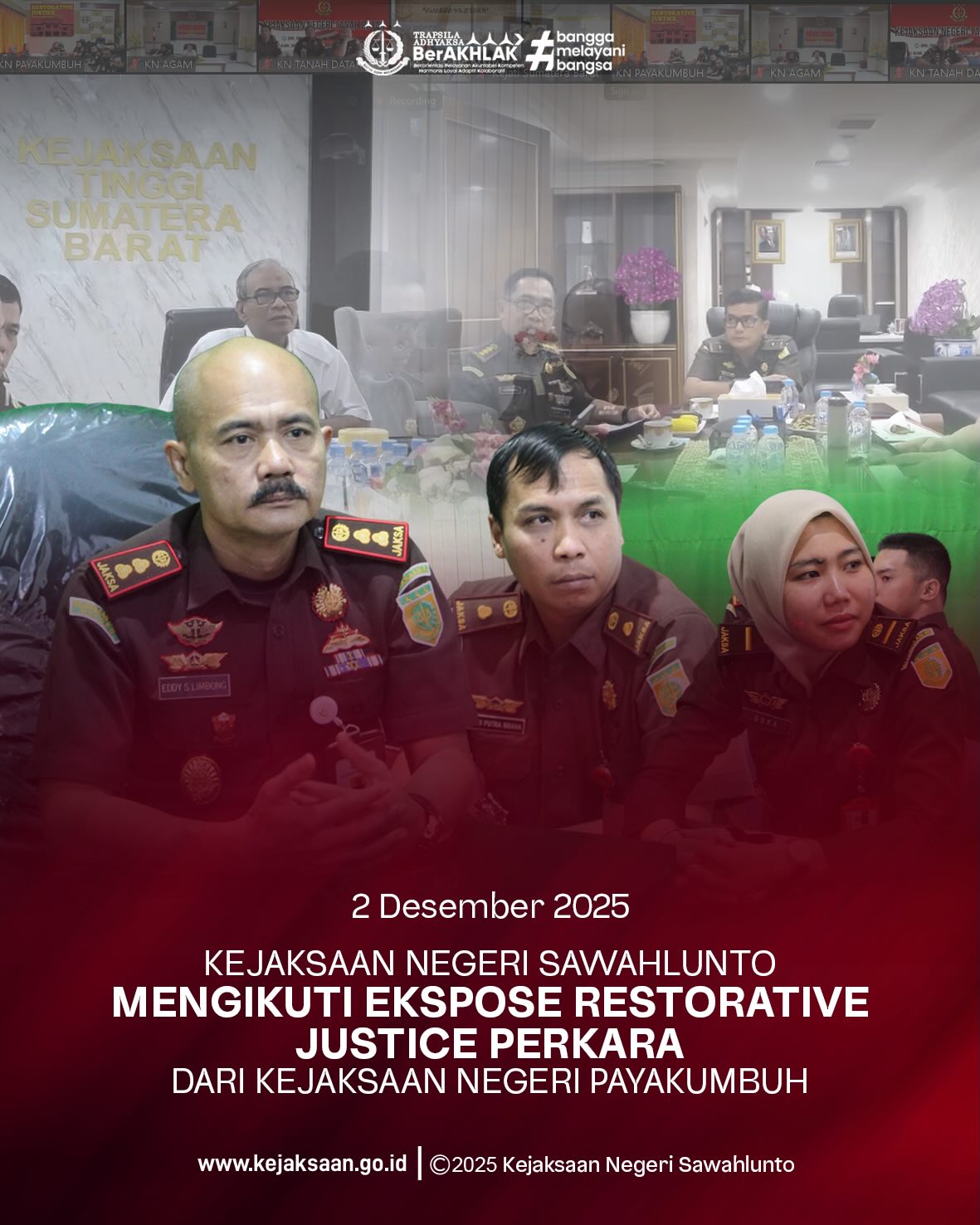 Bahwa pada Selasa tanggal 2 Desember 2025, Pukul 08.00 Wib, bertempat di Ruang Video Conference Kantor Kejaksaan Negeri Sawahlunto, Kepala Kejaksaan Negeri Sawahlunto, Bapak Eddy Samrah L, S.H., M.H., Kepala Seksi Tindak Pidana Umum, Bapak Adhi Putra Graha, S.H., bersama Para Kasubsi,Jaksa Fungsional, beserta Staff Bidang Tindak Pidana Umum mengikuti Ekspose Restorative Justice Perkara Penganiayaan dari Kejaksaan Negeri Payakumbuh secara Daring bersama Direktur A Jampidum, Kejaksaan Tinggi Sumatera Barat beserta Kejari se-Sumatera Barat.Bahwa dari kegiatan ekspose Restorative Justice atas satu perkara Penganiayaan dari Kejaksaan Negeri Payakumbuh tersebut disetujui oleh Jaksa Agung Muda Bidang Tindak Pidana Umum.Restorative Justice di Kejaksaan adalah penyelesaian perkara dengan melibatkan pelaku, korban, keluarga pelaku dan keluarga korban, tokoh masyarakat, Penyidik dan pihak terkait lainnya untuk bersama- sama mencari penyelesaian permasalahan untuk mendapatkan kemanfaatan dan keadilan serta memulihkan keadaan semula sebagai penyelesaian perkara menghindari dendam diantara pihak pelaku dan korban dan mengembalikan hubungan yg telah renggang akibat perbuatan pelaku, menciptakan kembali keharmonisan di tengah masyarakat, Pendekatan ini diatur dalam Peraturan Jaksa Agung Nomor 15 Tahun 2020 tentang Penghentian Penuntutan berdasarkan Keadilan Restoratif, fokus pada pemulihan keadaan ke keadaan semula bukan semata mata pembalasan. Pada perkara tertentu penyelesaian perkara dengan Restorative Justice ini lebih efektif, karena tujuan hukum selain kepastian hukum juga hukum itu harus membawa manfaat dan keadilan, bukan tujuan pembalasan saja terhadap pelaku. - from Instagram
