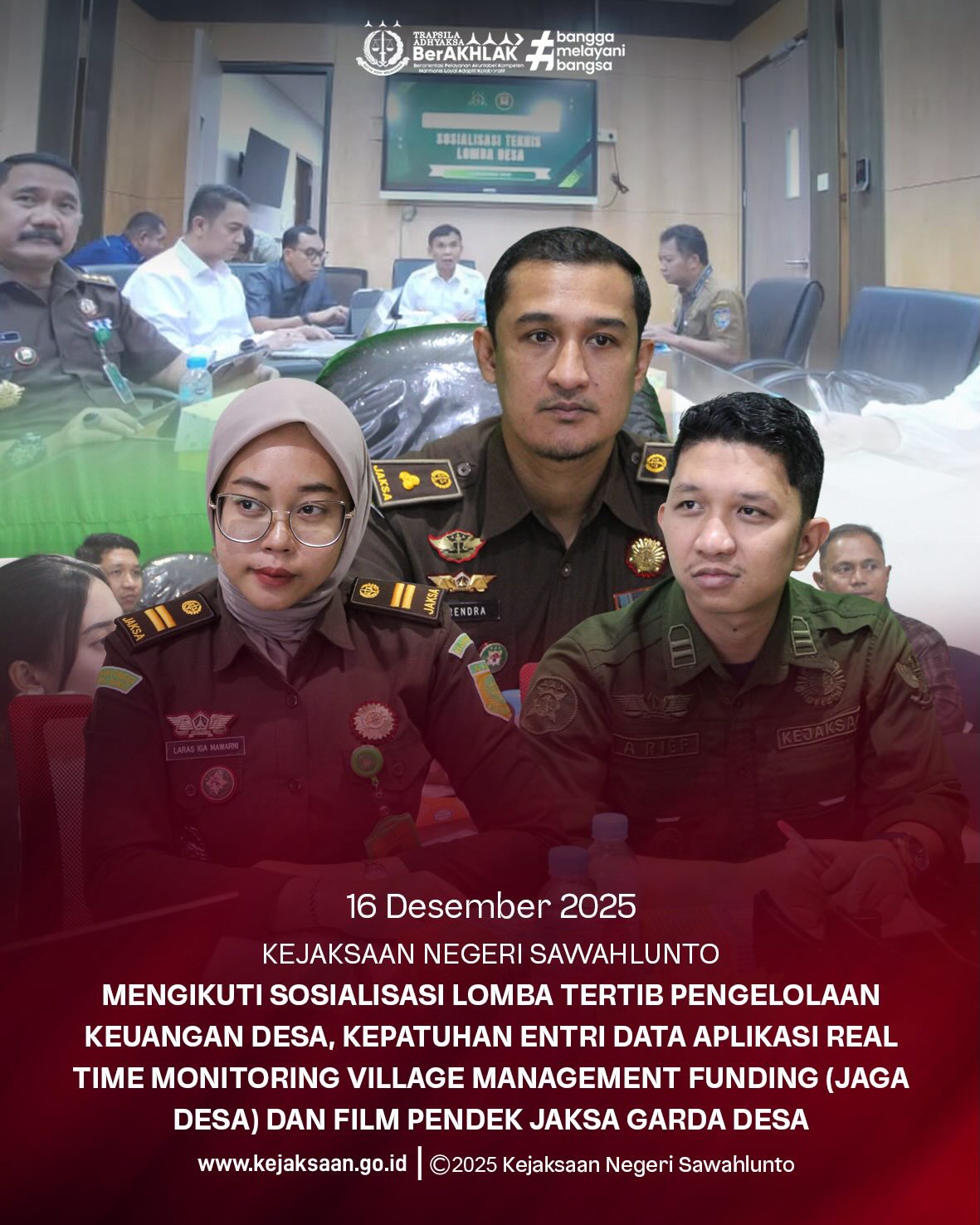 Bahwa pada Selasa tanggal 16 Desember 2025, Pukul 13.30 Wib, bertempat di Ruang Video Conference Kantor Kejaksaan Negeri Sawahlunto, Kepala Seksi Intelijen Kejaksaan Negeri Sawahlunto, Bapak Rendra Taqwa Agusto, S.H., didampingi Kasubsi I Bidang Intelijen Kejaksaan Negeri Sawahlunto, Bapak Arief Hidayat, S.H., Kasubsi II Bidang Intelijen Kejaksaan Negeri Sawahlunto, Ibu Laras Iga Mawarni, S.H., beserta Jaksa Fungsional Bayu Kresna Fernando Demoswa, S.H., dan Staff Bidang Intelijen Kejaksaan Negeri Sawahlunto, mengikuti Sosialisasi Lomba Tertib Pengelolaan Keuangan Desa, Kepatuhan Entri Data Aplikasi Real Time Monitoring Village Management Funding (Jasa Desa) dan Film Pendek Jaksa Garda Desa.Bahwa kegiatan ini dihadiri oleh Perwakilan Inspektorat Kota Sawahlunto, Kabid Pemdes pada Dinas Sosial Kota Sawahlunto dan Ketua PABPDSI Kota Sawahlunto.Kegiatan ini mencakup pembentukan Tim Penilai Daerah serta sosialisasi kepatuhan entri data Aplikasi Real Time Monitoring Village Management Funding (Jaga Desa) dan lomba film pendek Jaksa Garda Desa, sebagai bagian dari persiapan menyambut Hari Desa Nasional 2026.Melalui sinergi dan kolaborasi lintas sektor, diharapkan tata kelola keuangan desa semakin baik demi terwujudnya pembangunan desa yang berintegritas. - from Instagram